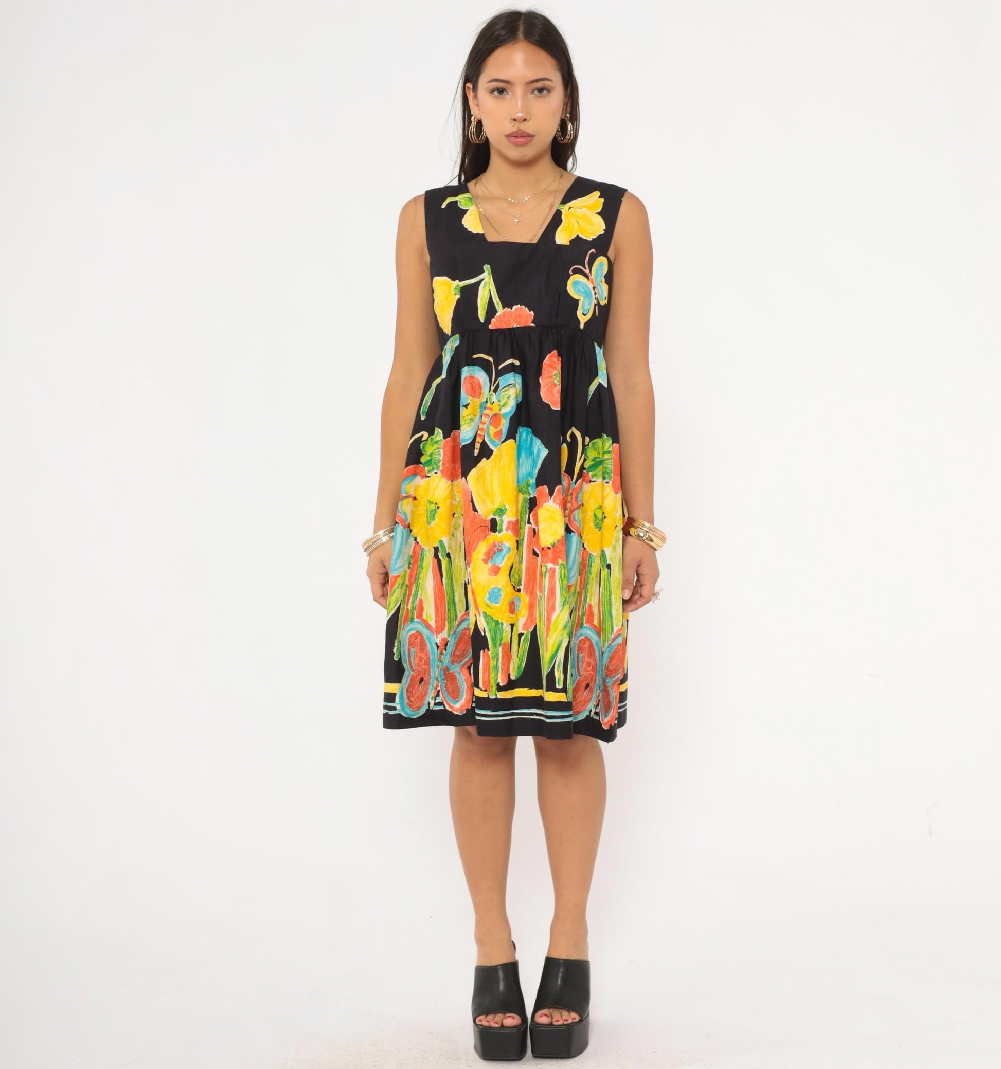 70s Dela Ann Creation Babydoll Dress Black Yellow Butterfly Floral Empire Waist Small