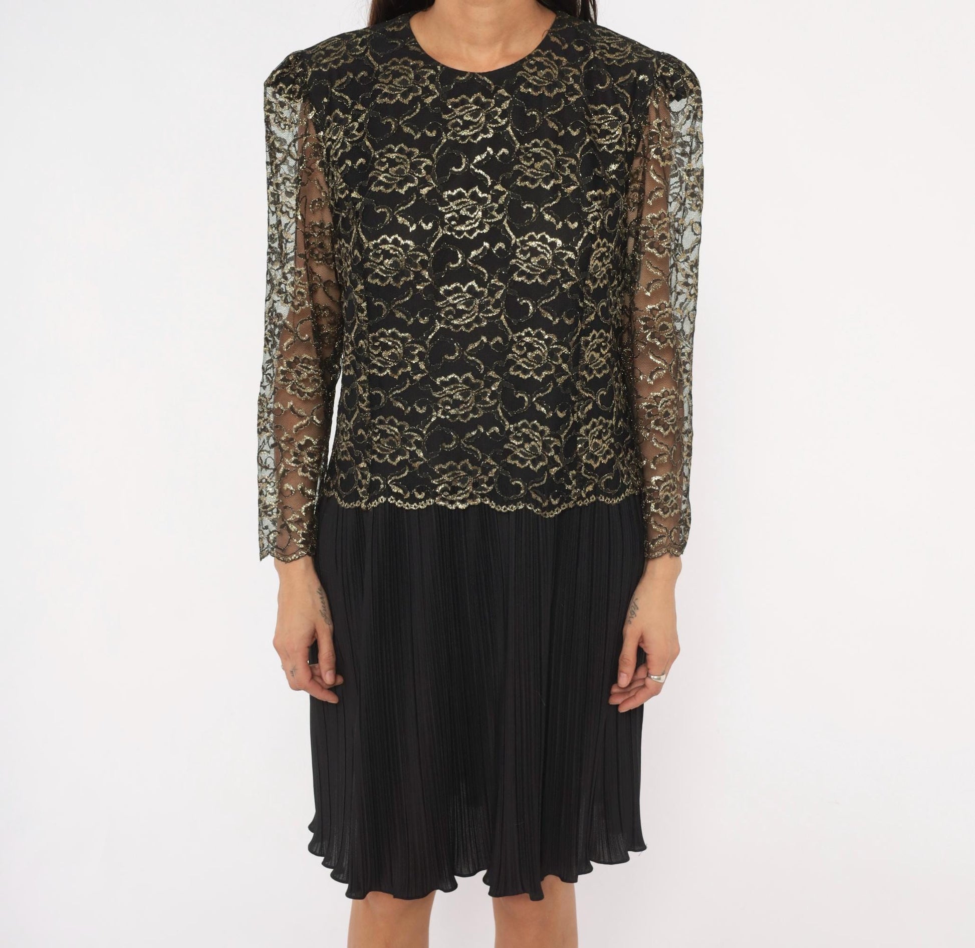 90s Good Times Black Gold Lace Overlay Dress Pleated Skirt Drop Waist Large L