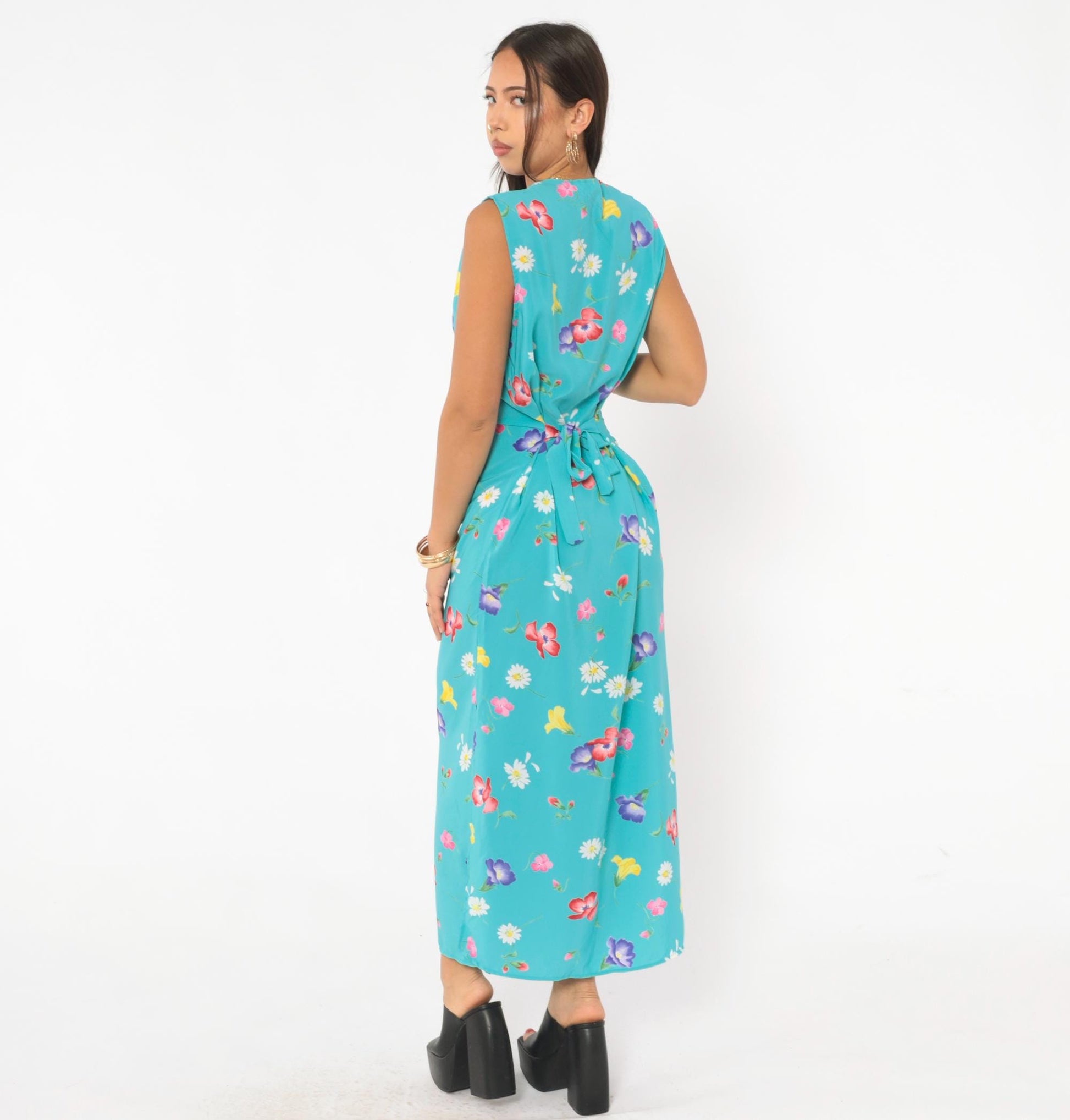 90s Top Secret New York Floral Maxi Dress Turquoise Wildflower Medium M