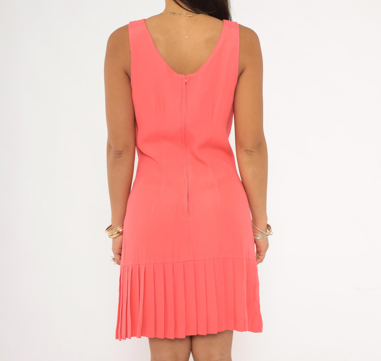 90s Coral Pleated Mini Dress Sleeveless Drop Waist Scoop Neck Small S