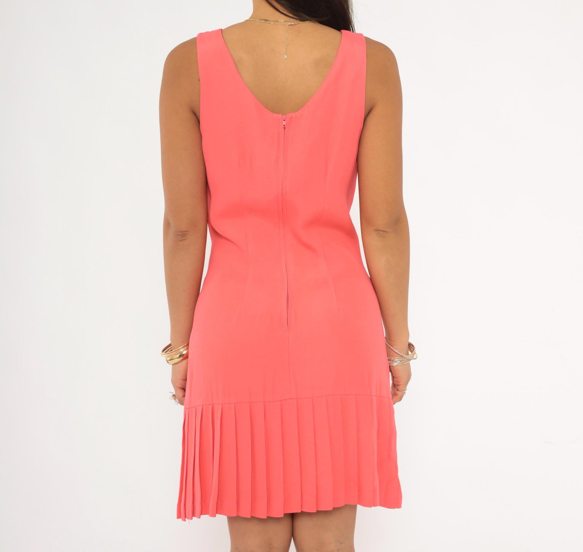 90s Coral Pleated Mini Dress Sleeveless Drop Waist Scoop Neck Small S