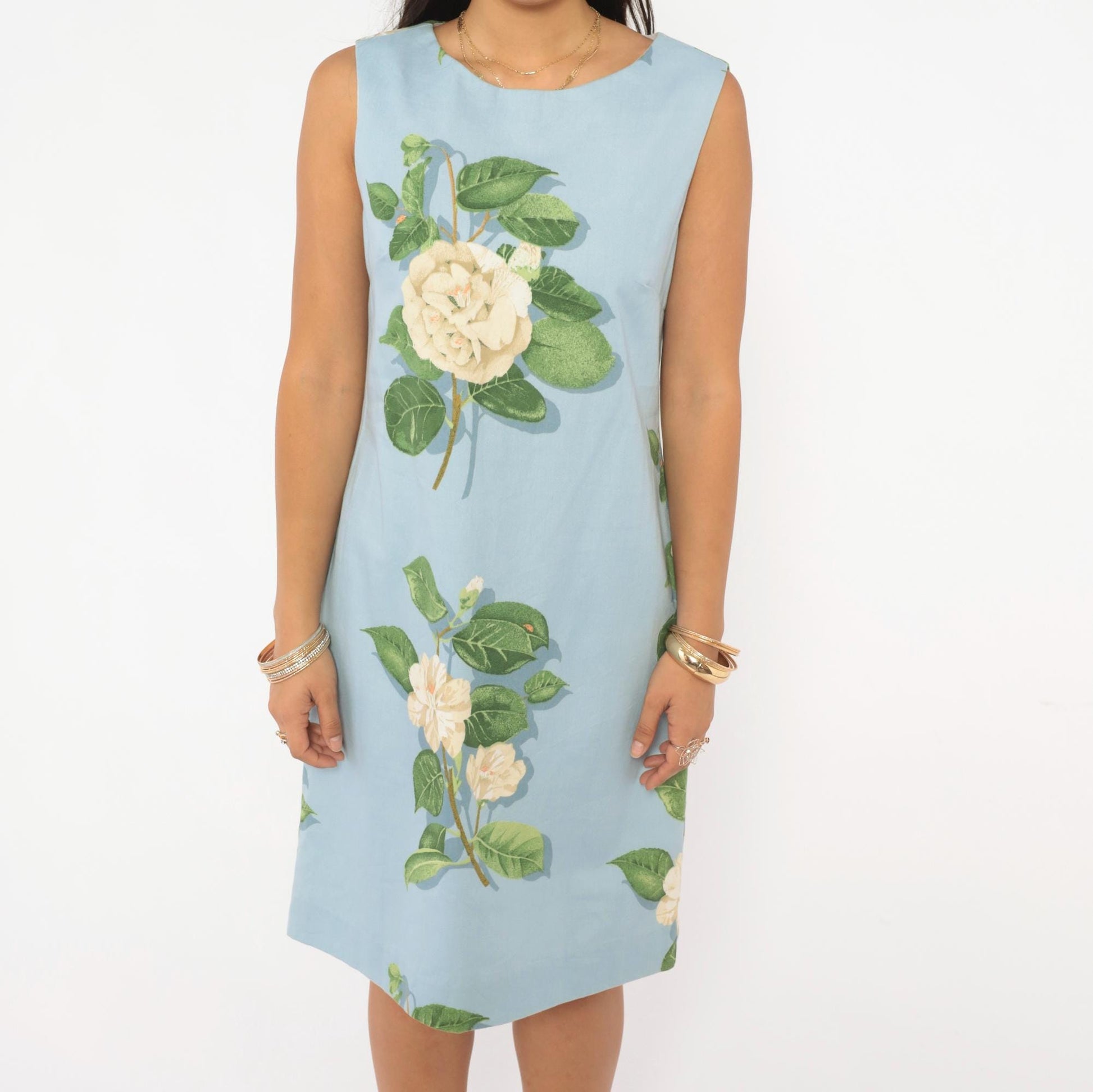 2000s Chris Kellogg Sky Blue Floral Shift Dress Botanical Rose Print Knee Length Medium M