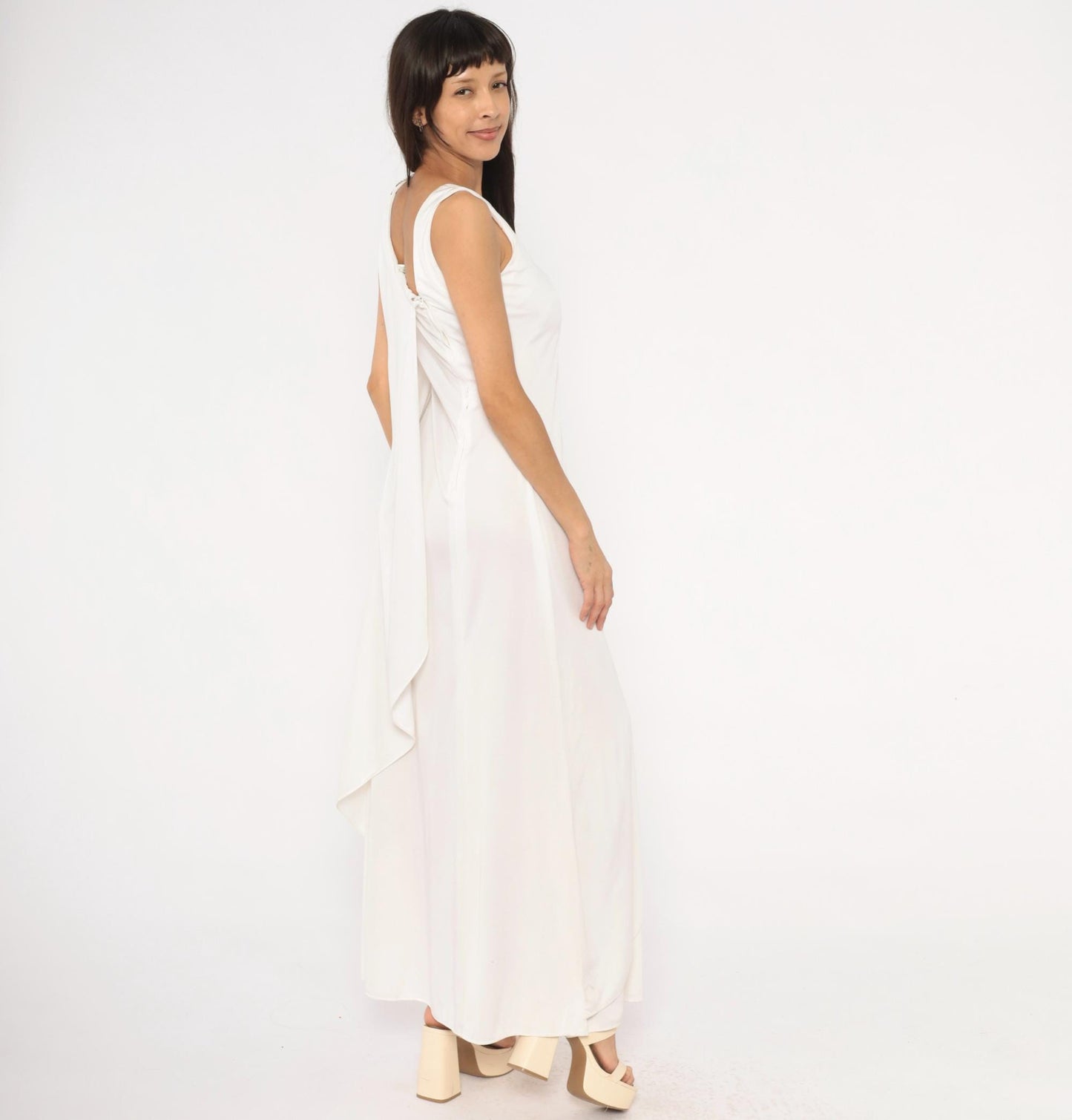 70s White Maxi Gown Asymmetrical Neckline Beaded Crystal Strap Small