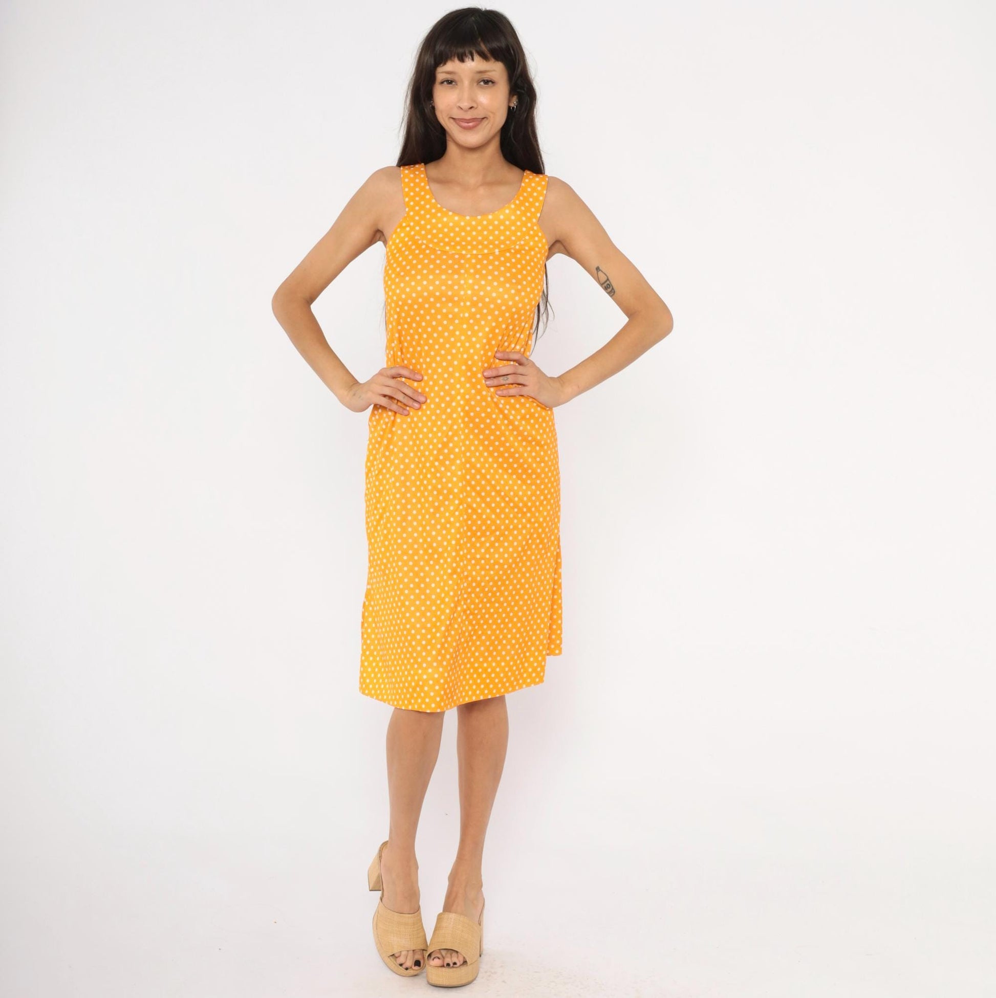 70s Yellow White Polka Dot Sundress Empire Waist Tank Small