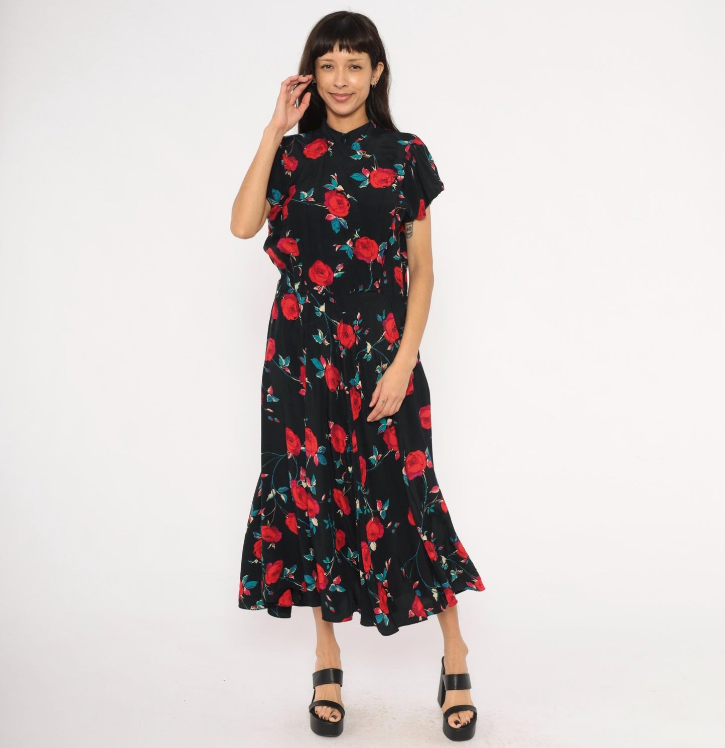90s Nina Piccalino Black Midi Dress Red Rose Print Mandarin Collar Large L