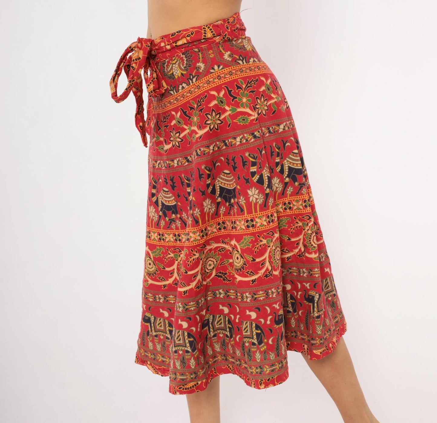90s Indian Block Print Cotton Wrap Skirt Red Elephant Floral Small