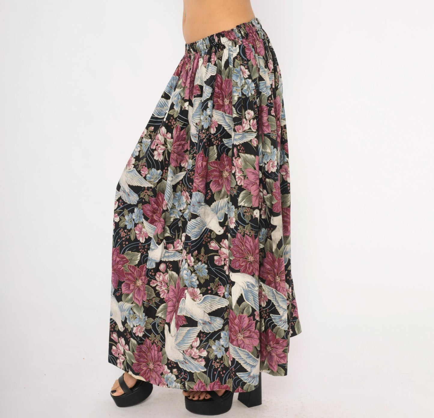 80s Navy Dove Poinsettia Maxi Skirt Cotton Floral A-Line Medium Large