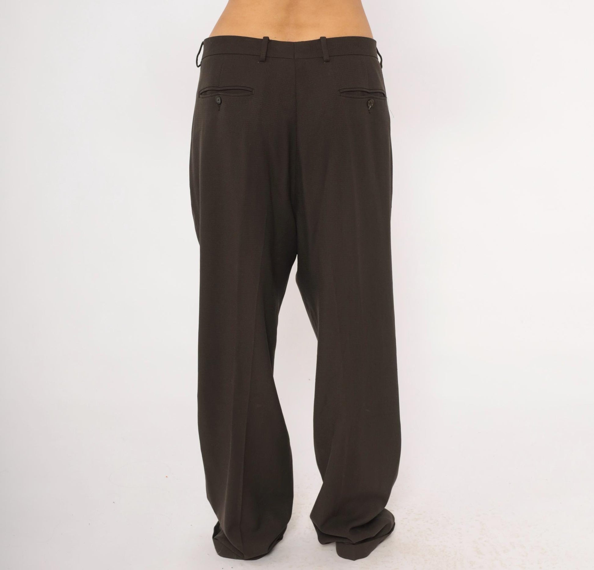 70s Wool Pleated Trousers Brown Micro-Check Wide Leg Dress Pants 36x33
