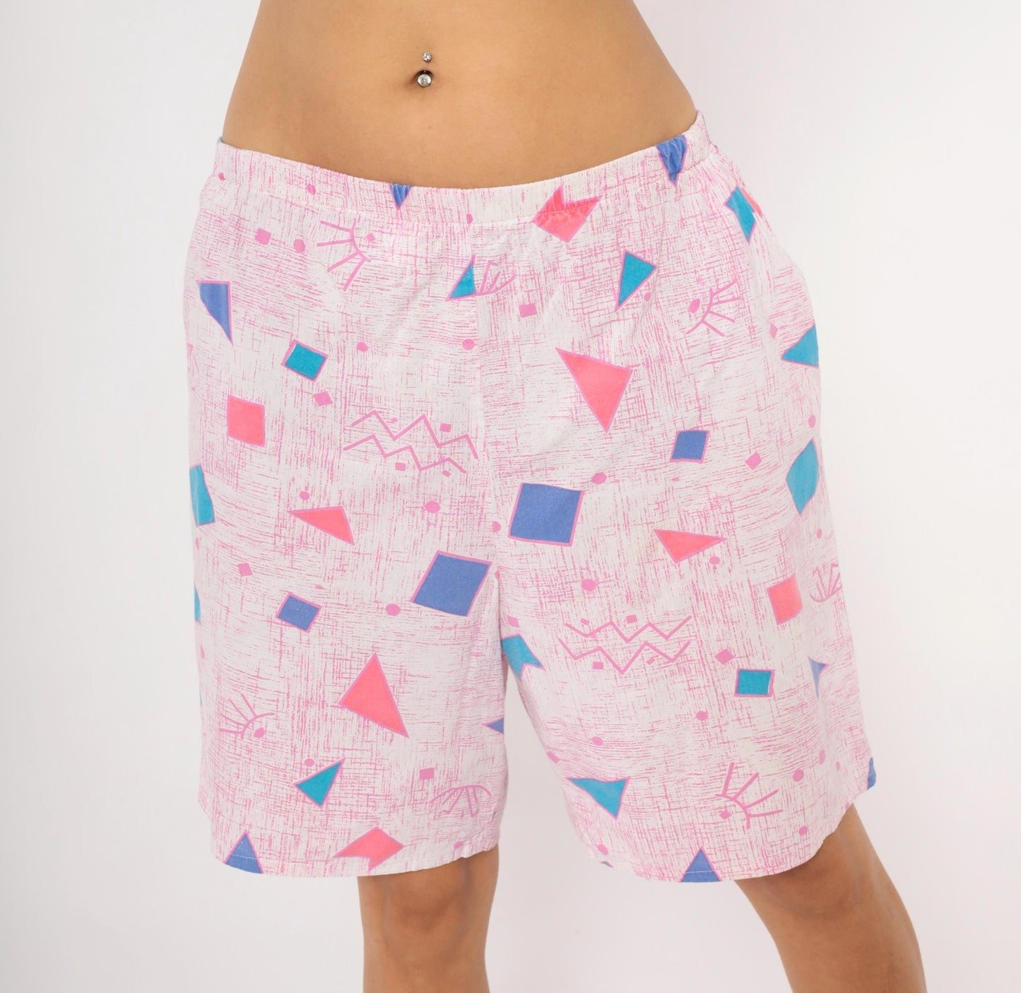80s Geometric Triangle Shorts Pink Teal Blue Cotton Knee-Length Medium
