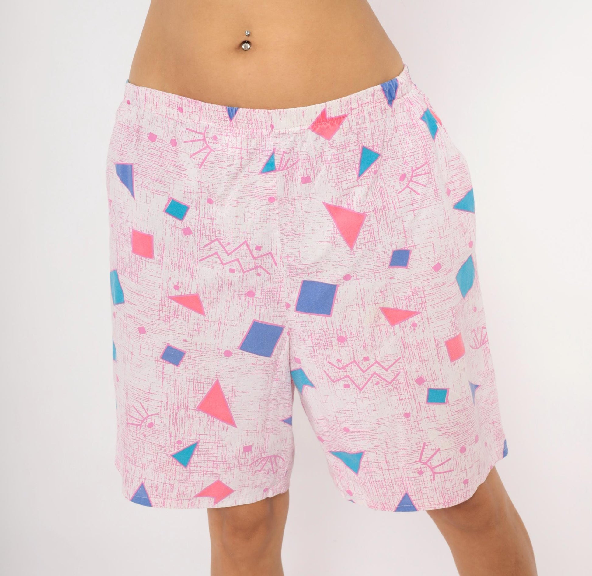 80s Geometric Triangle Shorts Pink Teal Blue Cotton Knee-Length Medium