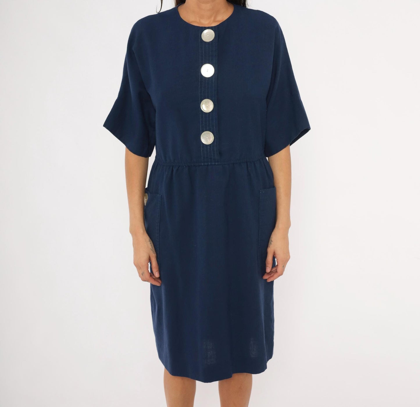 80s Leslie Fay Navy Button-Front Dress Knee-Length Elastic Waist Large L