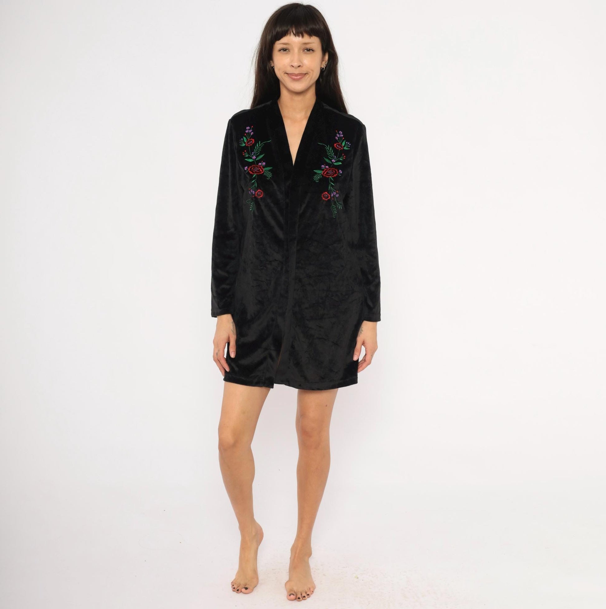 80s Blair Black Velvet Kimono Duster Embroidered Floral Rose Medium M