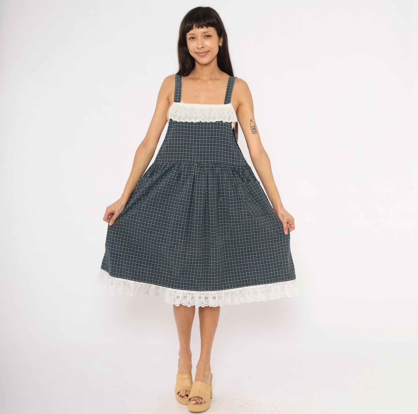 80s Navy Tan Plaid Pinafore Sundress Cotton Eyelet Lace Knee Medium