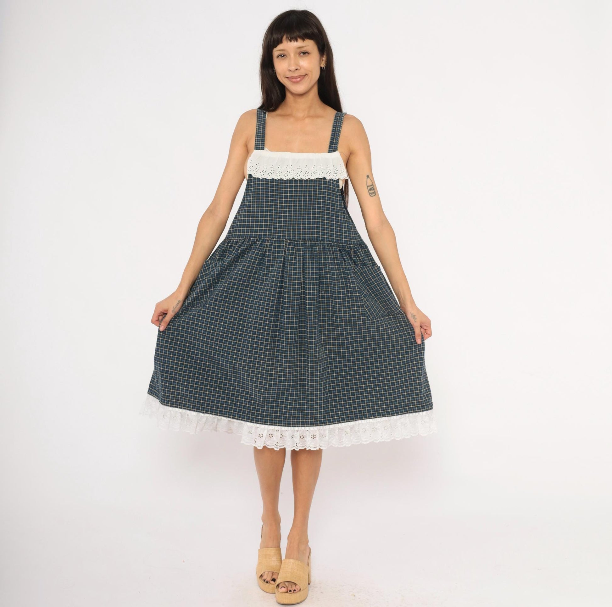 80s Navy Tan Plaid Pinafore Sundress Cotton Eyelet Lace Knee Medium