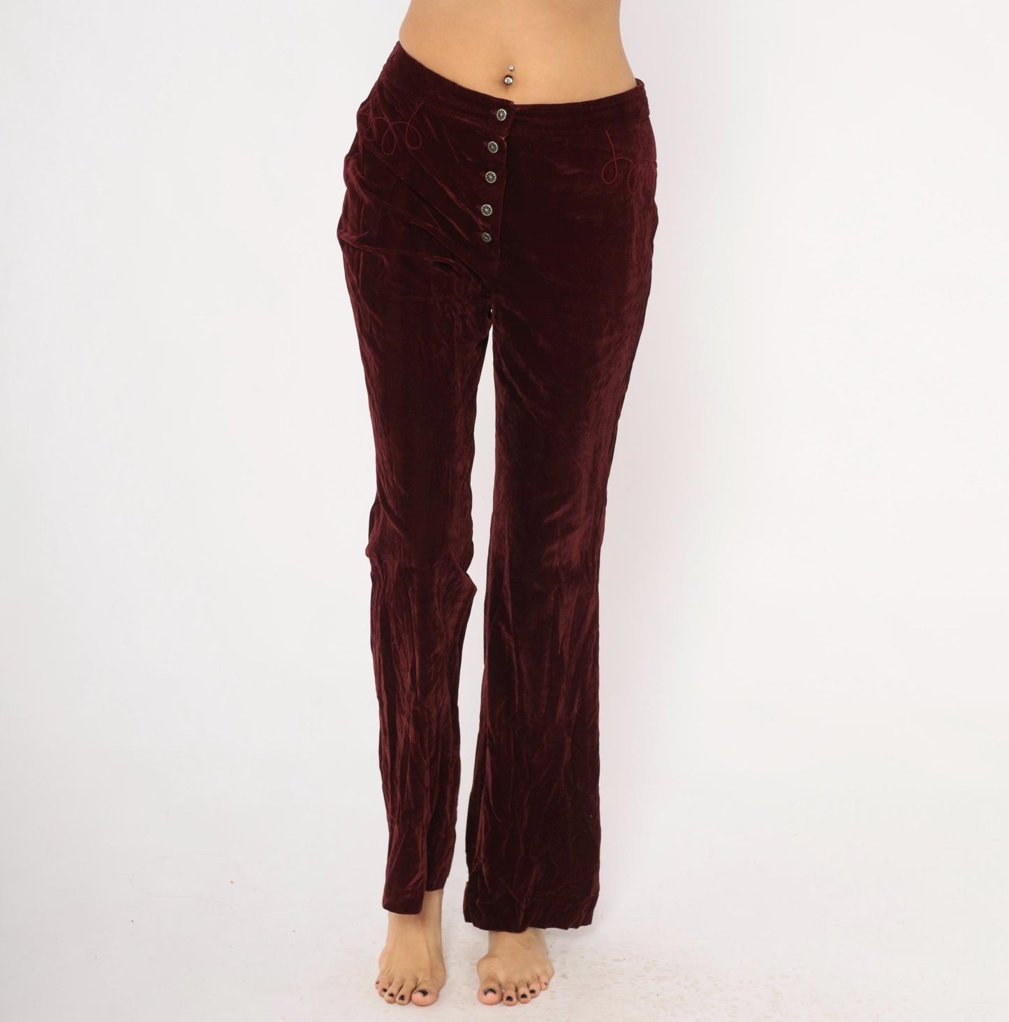 70s Burgundy Crushed Velvet Flare Pants Embroidered Low Rise Medium M