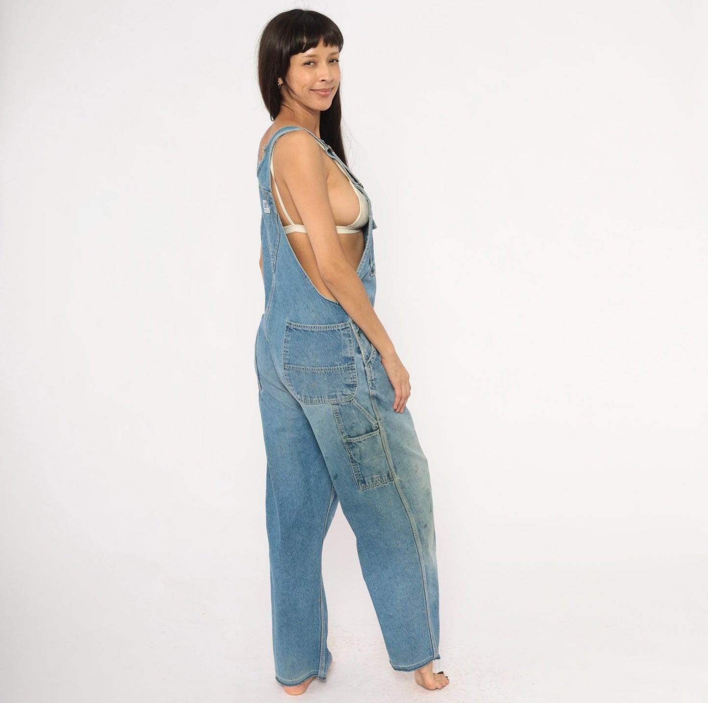 90s Liberty Denim Bib Overalls Green Zipper Distressed Workwear Medium