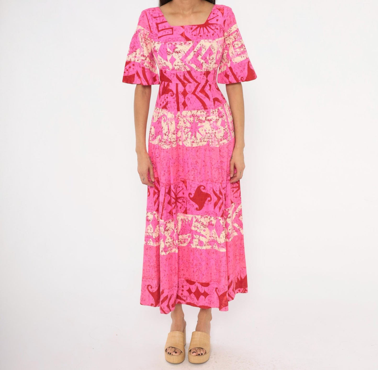 70s Holiday Sportswear Hot Pink Batik Maxi Dress Bell Sleeve Square Neck XS