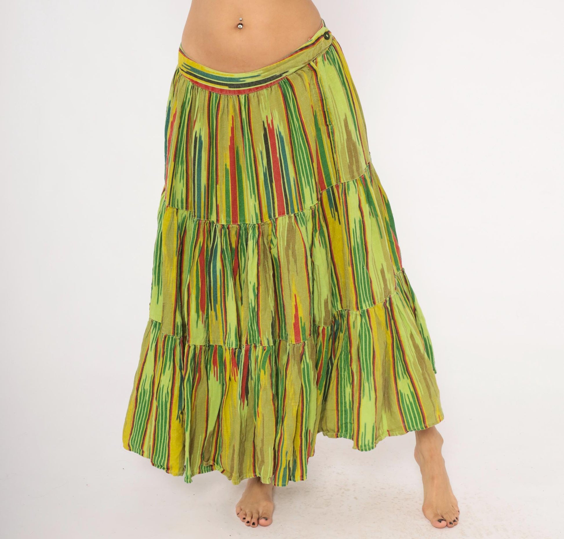 2000s Mason's Ikat Tiered Maxi Skirt Green Yellow Red Woven Large L