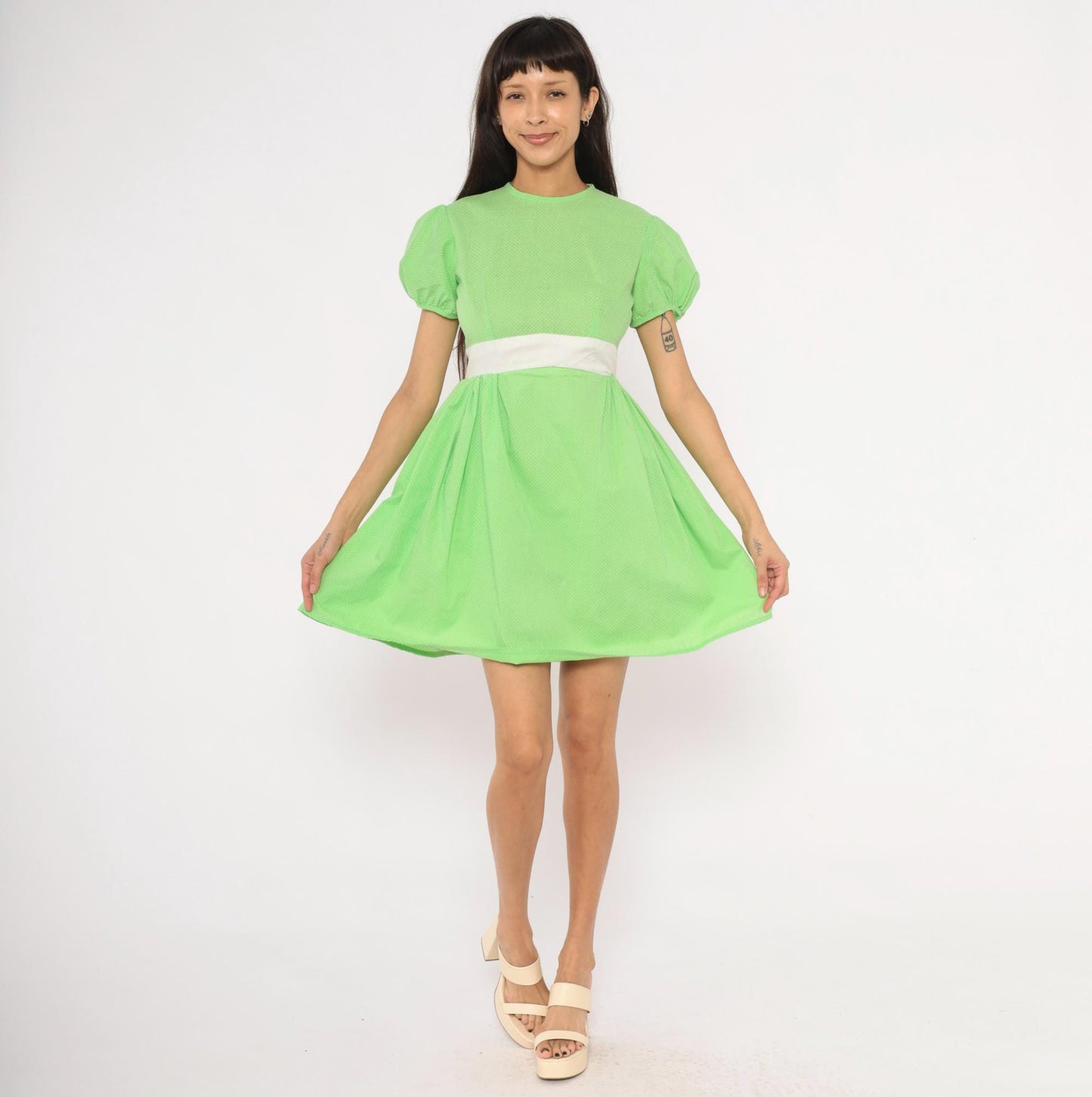 70s Lime Green Polka Dot Puff Sleeve Mini Dress Cotton Bow Waist Small S