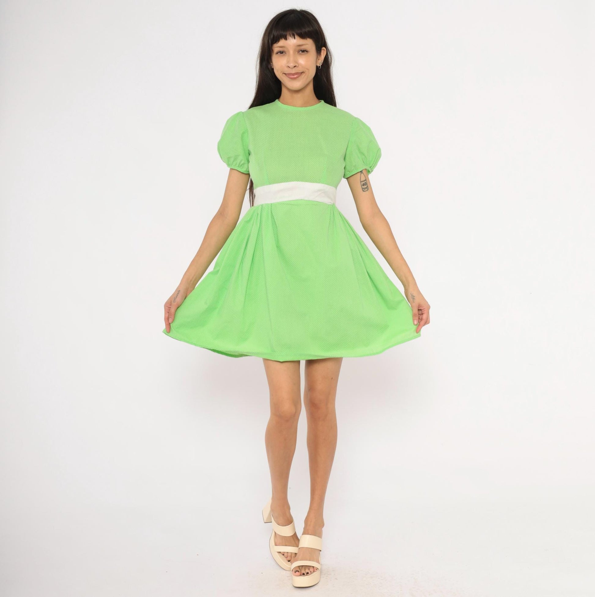 70s Lime Green Polka Dot Puff Sleeve Mini Dress Cotton Bow Waist Small S