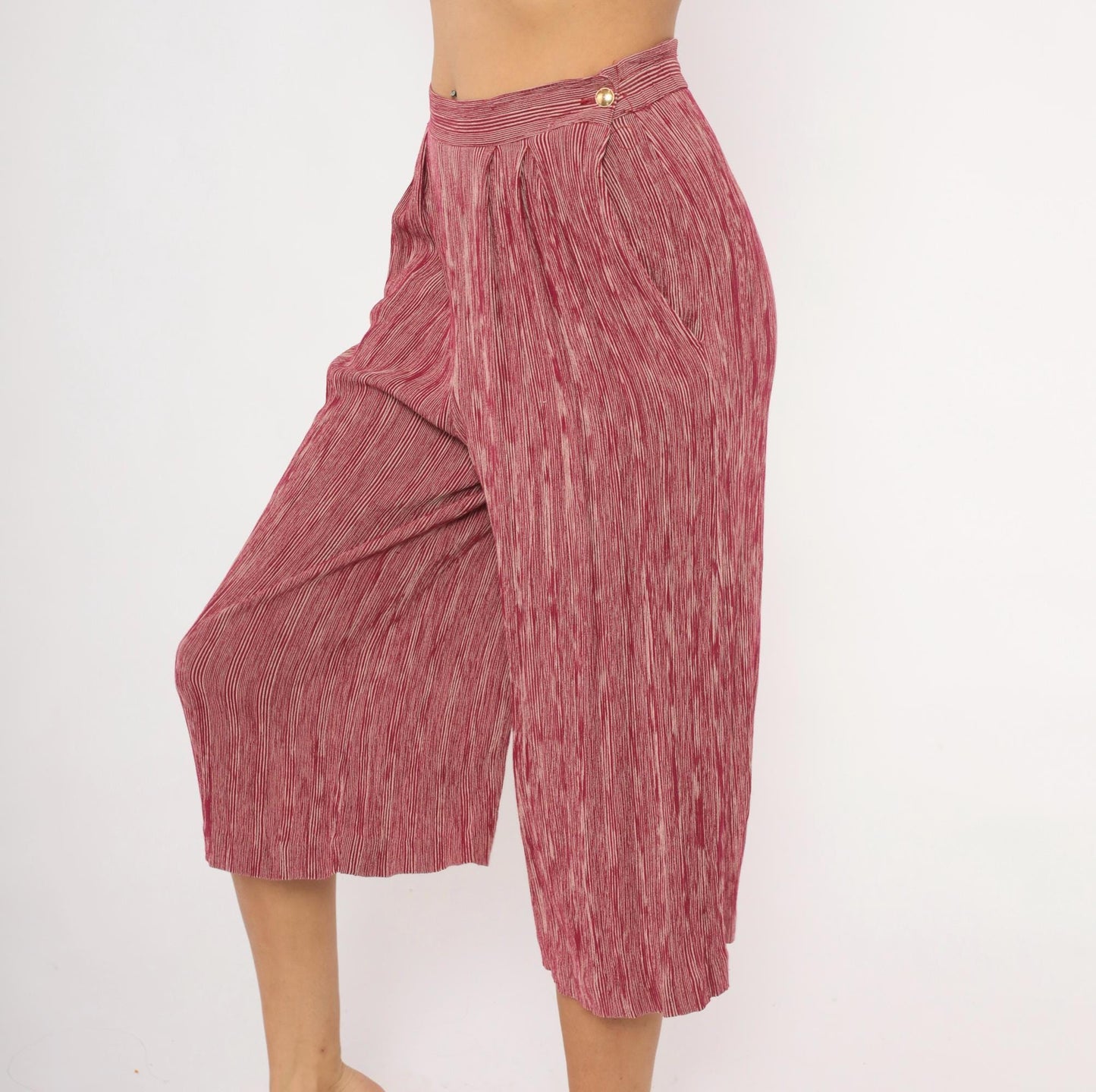 80s Leslie Fay Burgundy Striped Pleated Culottes Wide Leg Cropped Medium