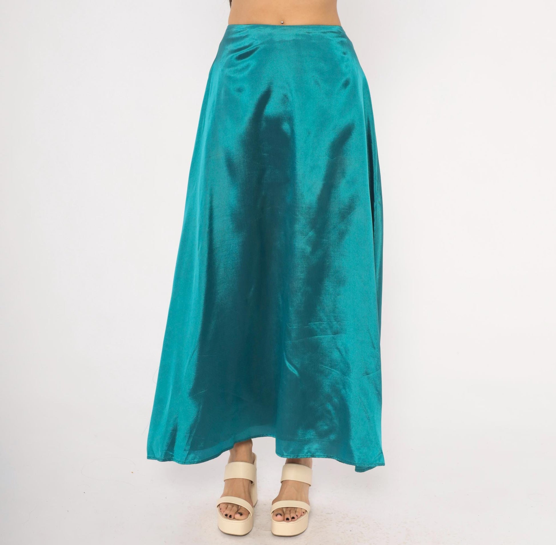 90s Star CCC Teal Satin A-Line Maxi Skirt High Waist Small S