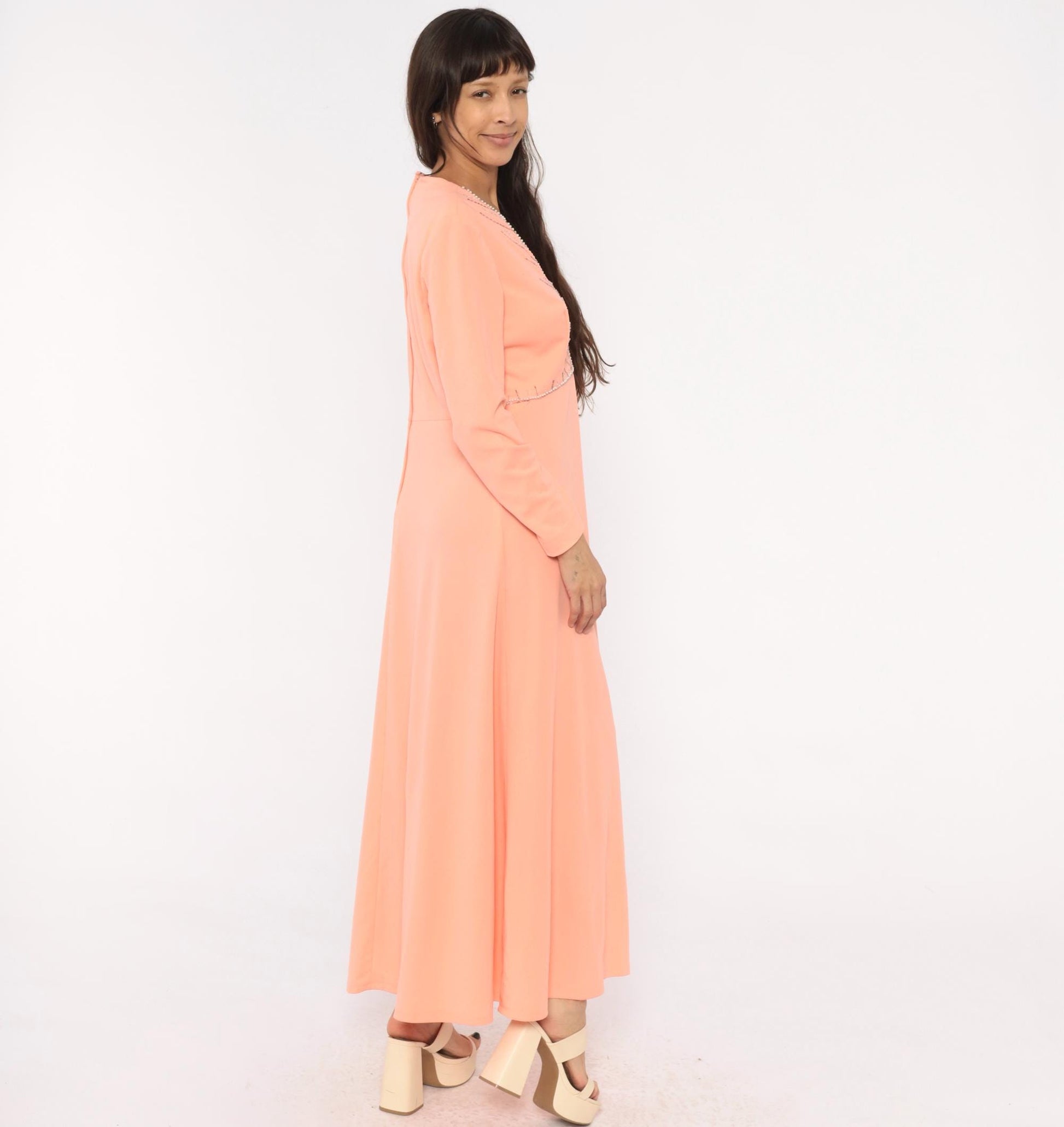 70s Peach Maxi Dress Empire Waist V Neck Beaded Chevron Rhinestone Extra Large