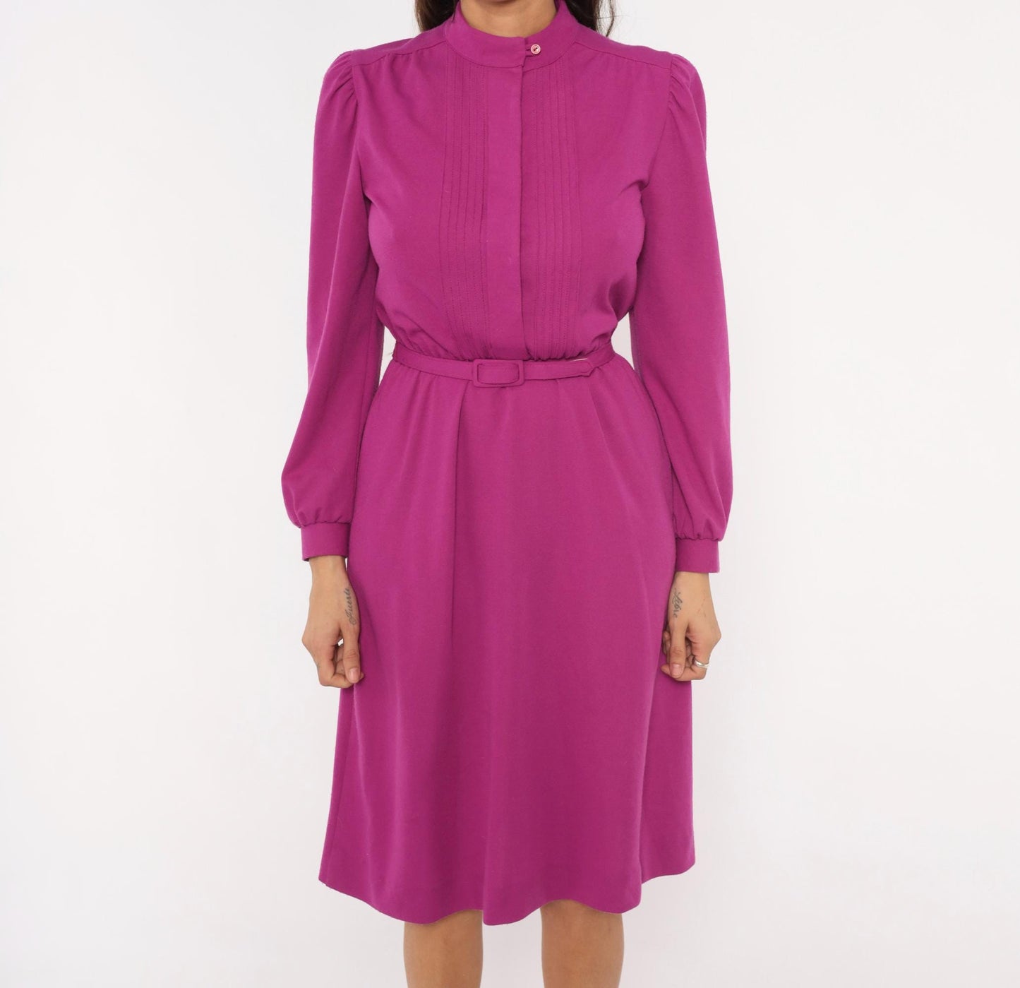 80s JcPenney Magenta Pintuck Dress Puff Sleeve Belted Knee-Length Small
