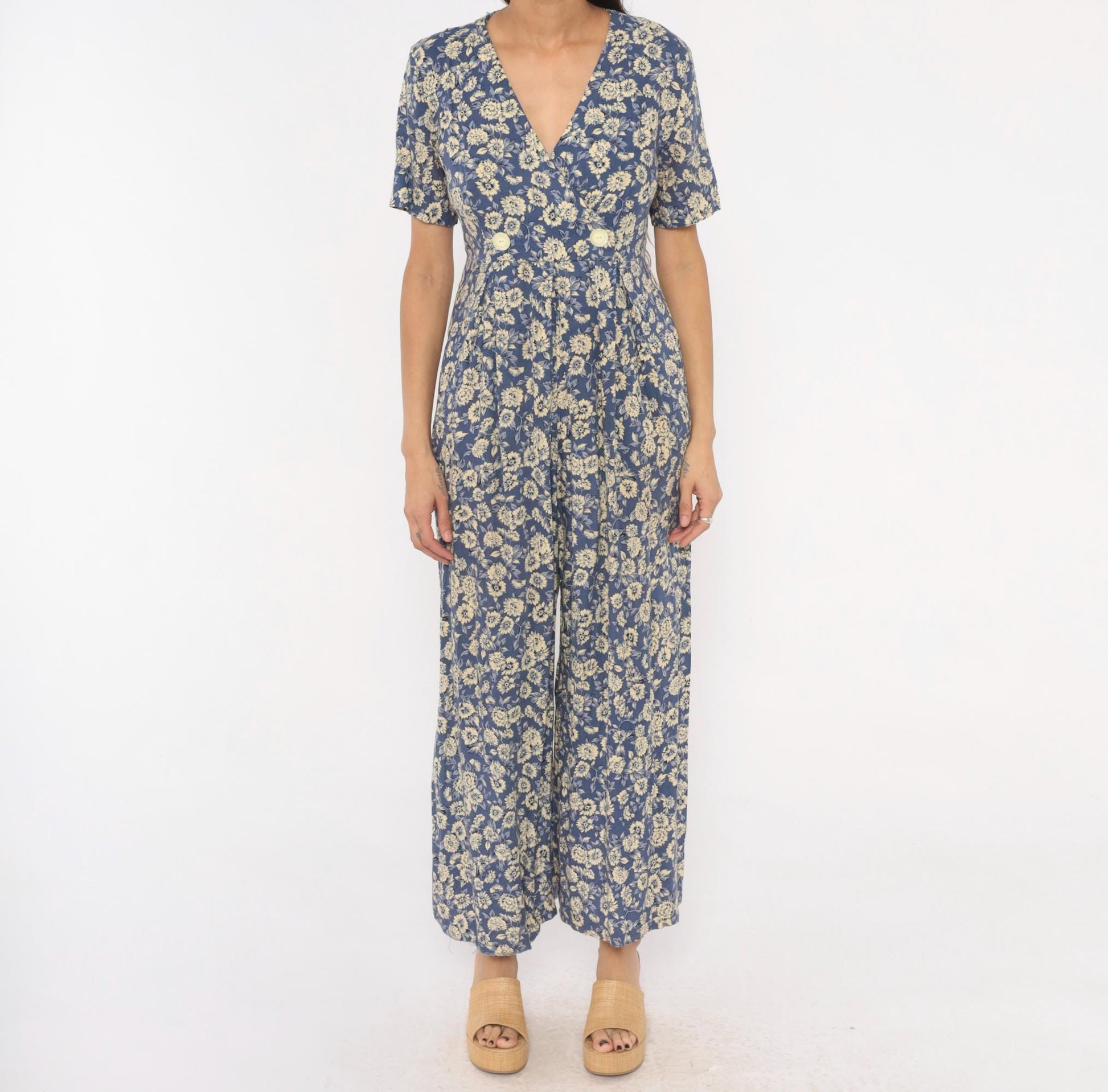 90s Jeffrey & Dara Floral Jumpsuit Cobalt Blue Wide Leg Wrap V Neck Medium M