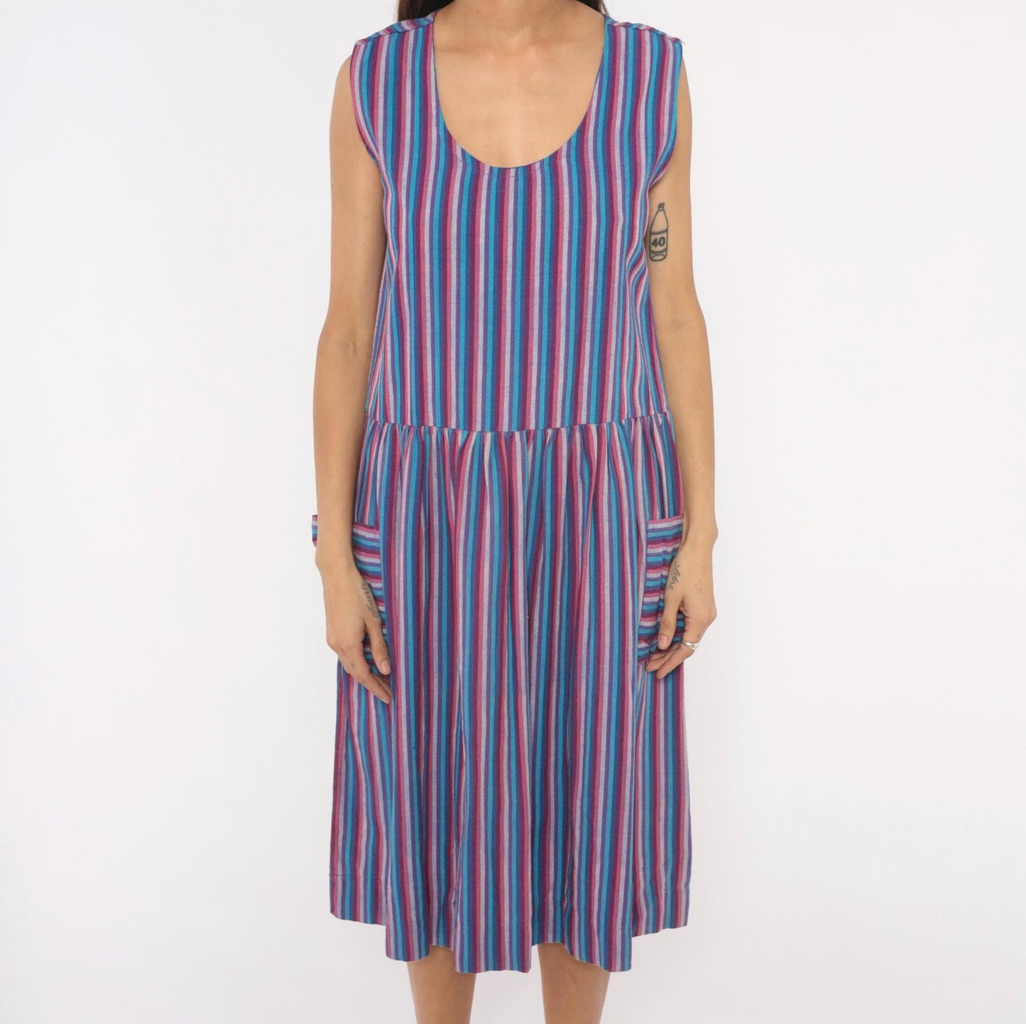 90s Quetzal Striped Cotton Midi Sundress Purple Cobalt Scoop Neck Small