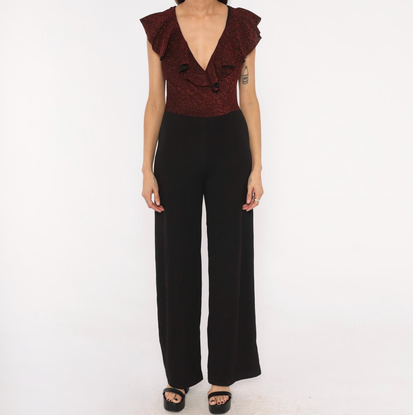2000s Crece Jumpsuit Black Burgundy Glitter Ruffle Deep V Wide Leg Medium M