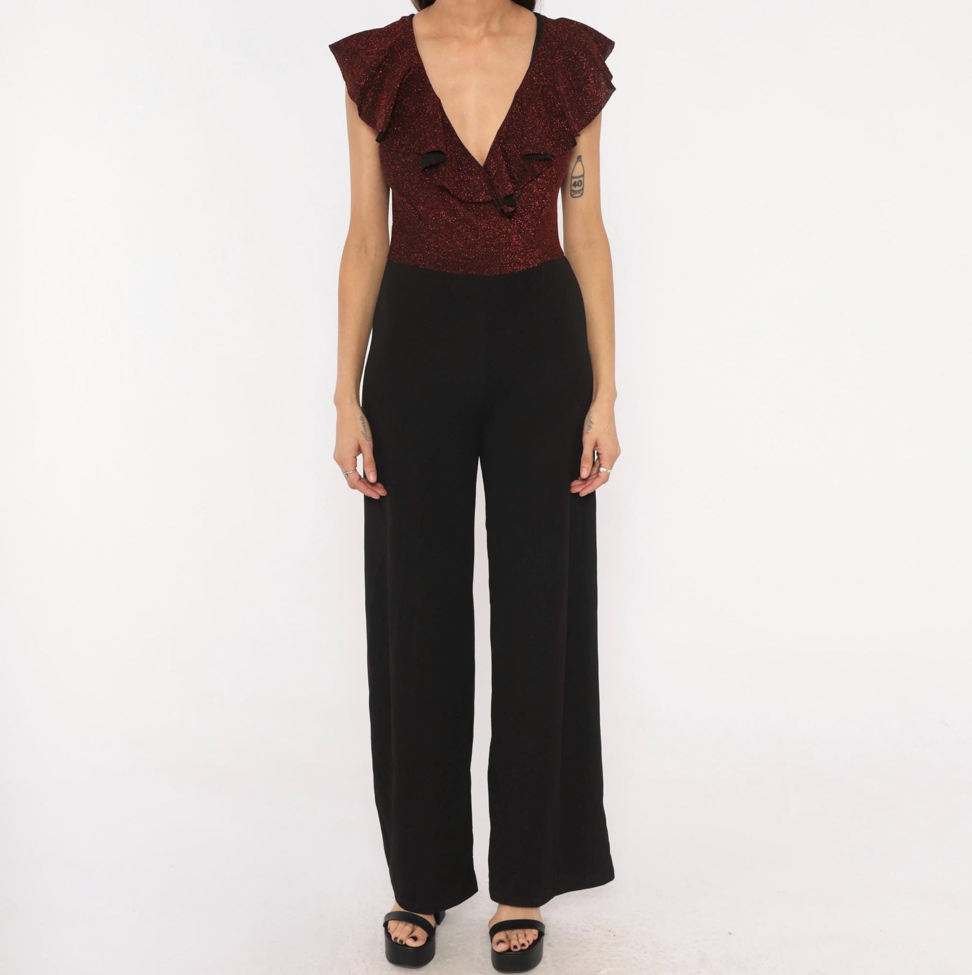 2000s Crece Jumpsuit Black Burgundy Glitter Ruffle Deep V Wide Leg Medium M