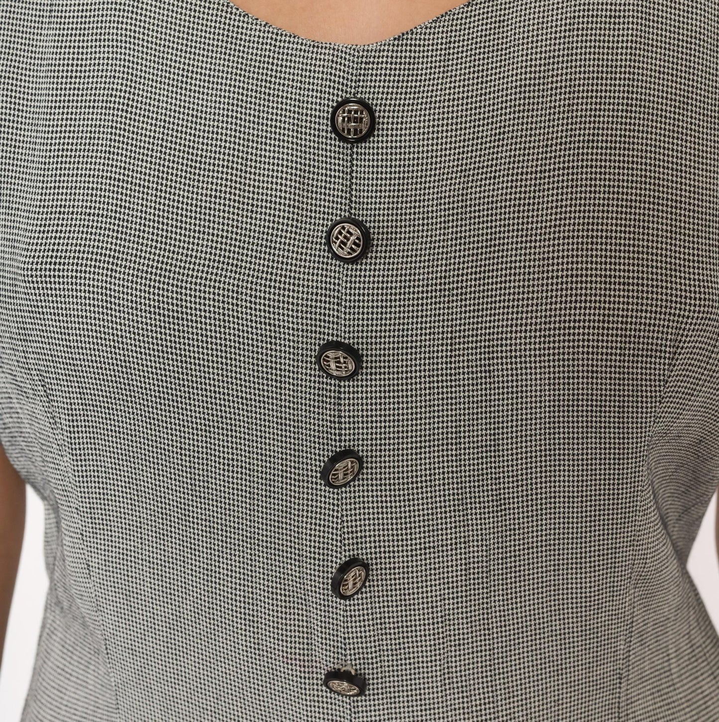 90s Miss Scarlett Houndstooth Midi Dress Button Front Scoop Neck Large L