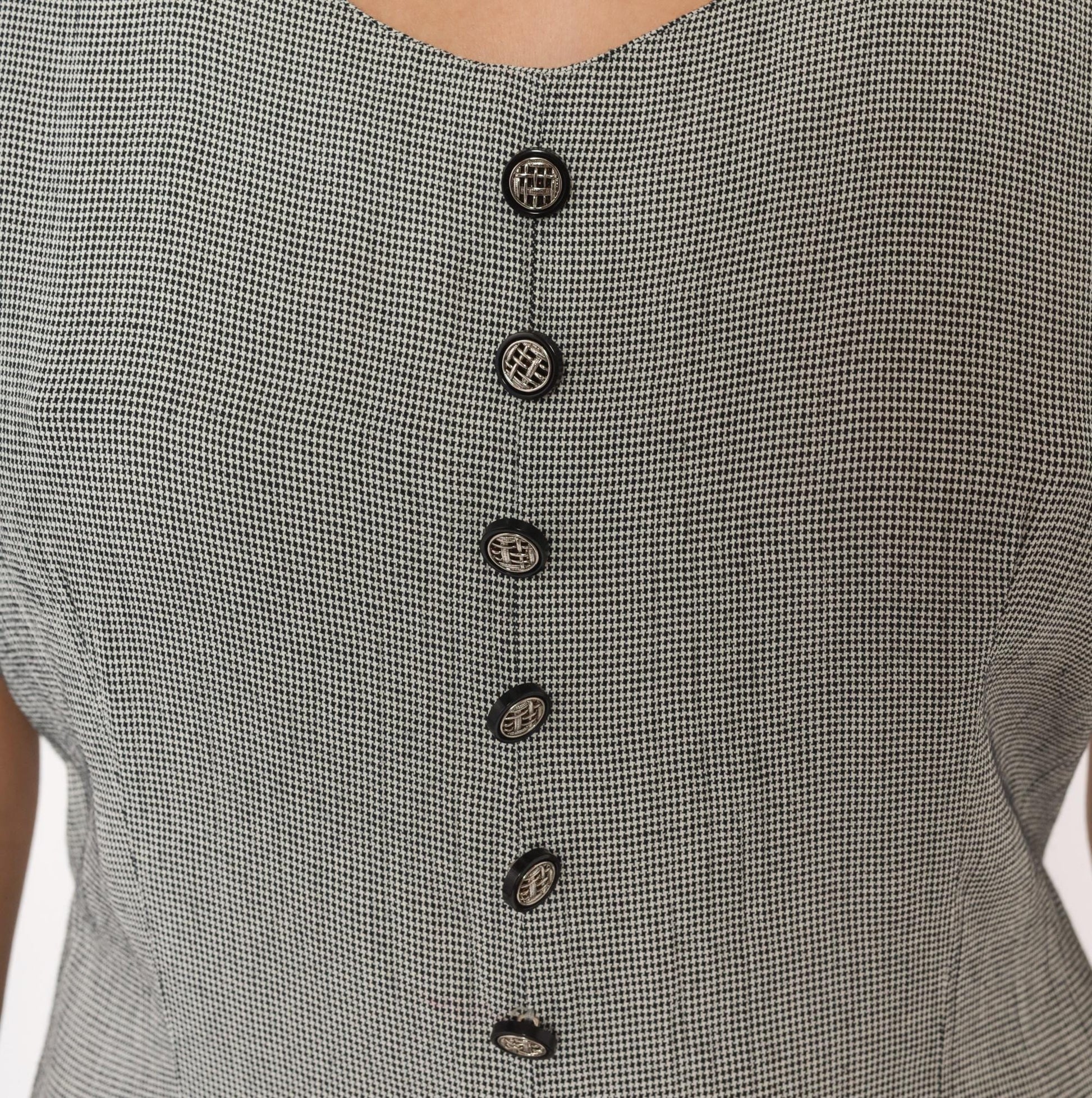 90s Miss Scarlett Houndstooth Midi Dress Button Front Scoop Neck Large L