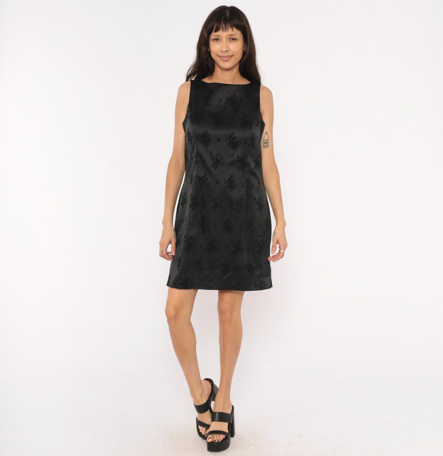 90s City Triangles Black Damask Floral Jacquard Mini Dress Boat Neck Large L