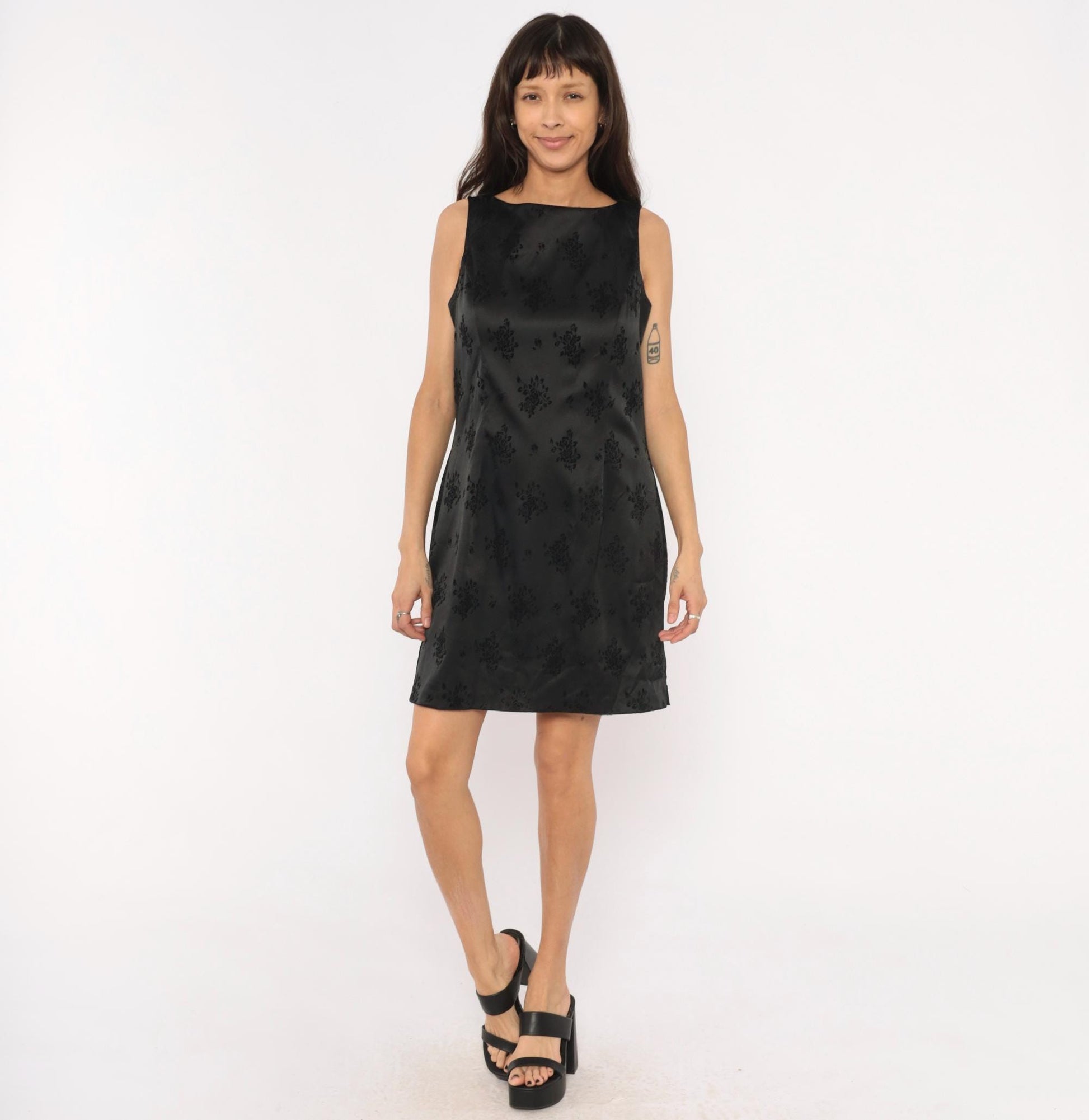 90s City Triangles Black Damask Floral Jacquard Mini Dress Boat Neck Large L