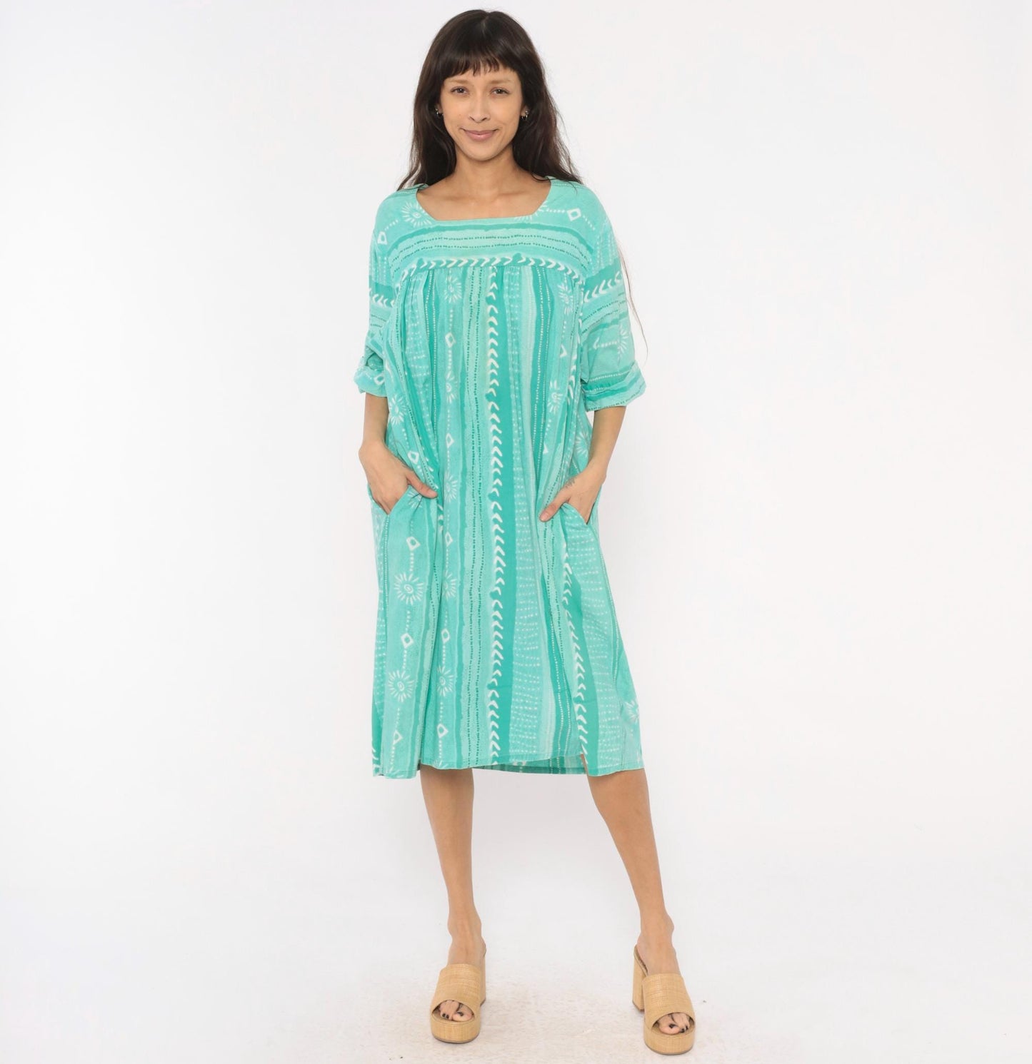 80s Styled By Saybury Teal Block Print Cotton Muumuu Midi Dress Plus Size 1X