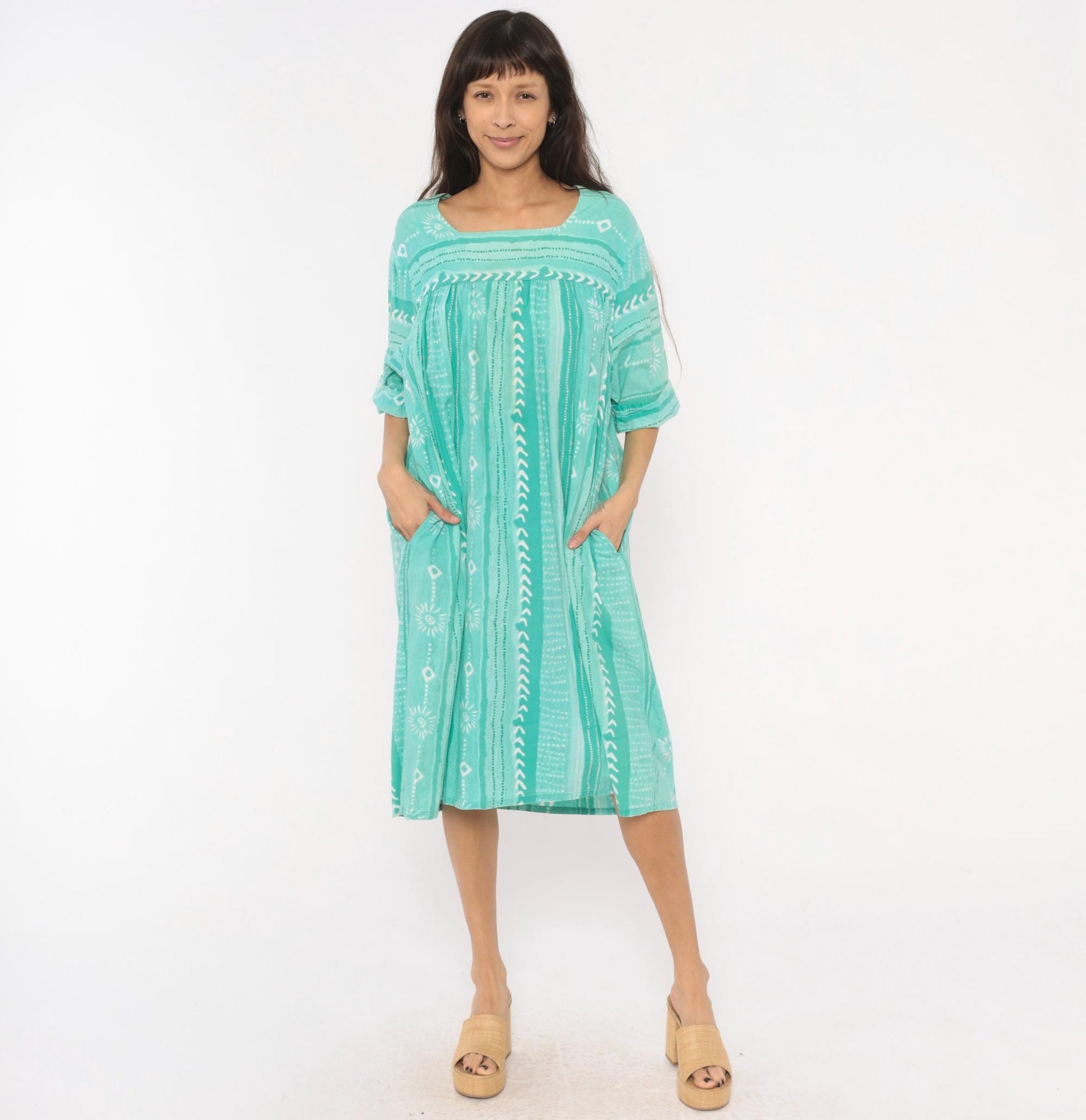 80s Styled By Saybury Teal Block Print Cotton Muumuu Midi Dress Plus Size 1X