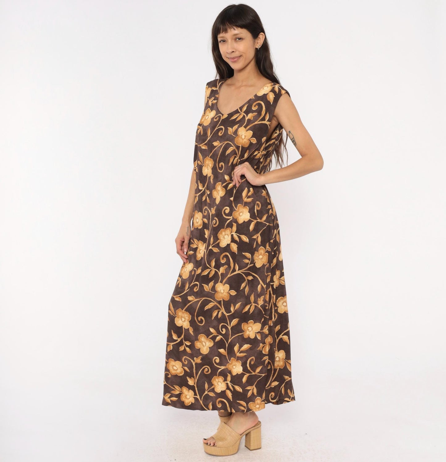 90s AGB Floral Maxi Dress Brown Gold Vine Sleeveless V Neck Plus Size XXL