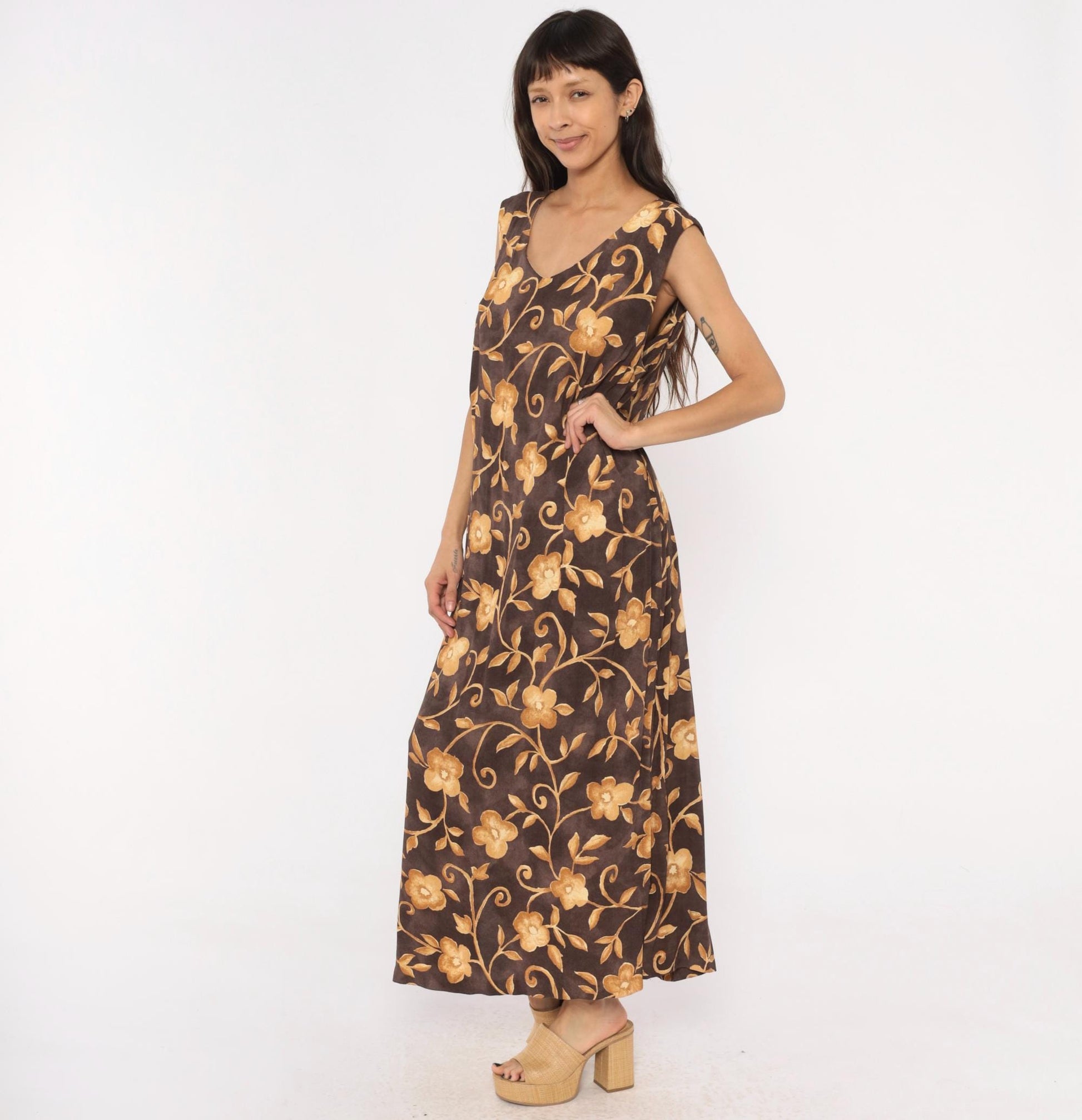 90s AGB Floral Maxi Dress Brown Gold Vine Sleeveless V Neck Plus Size XXL