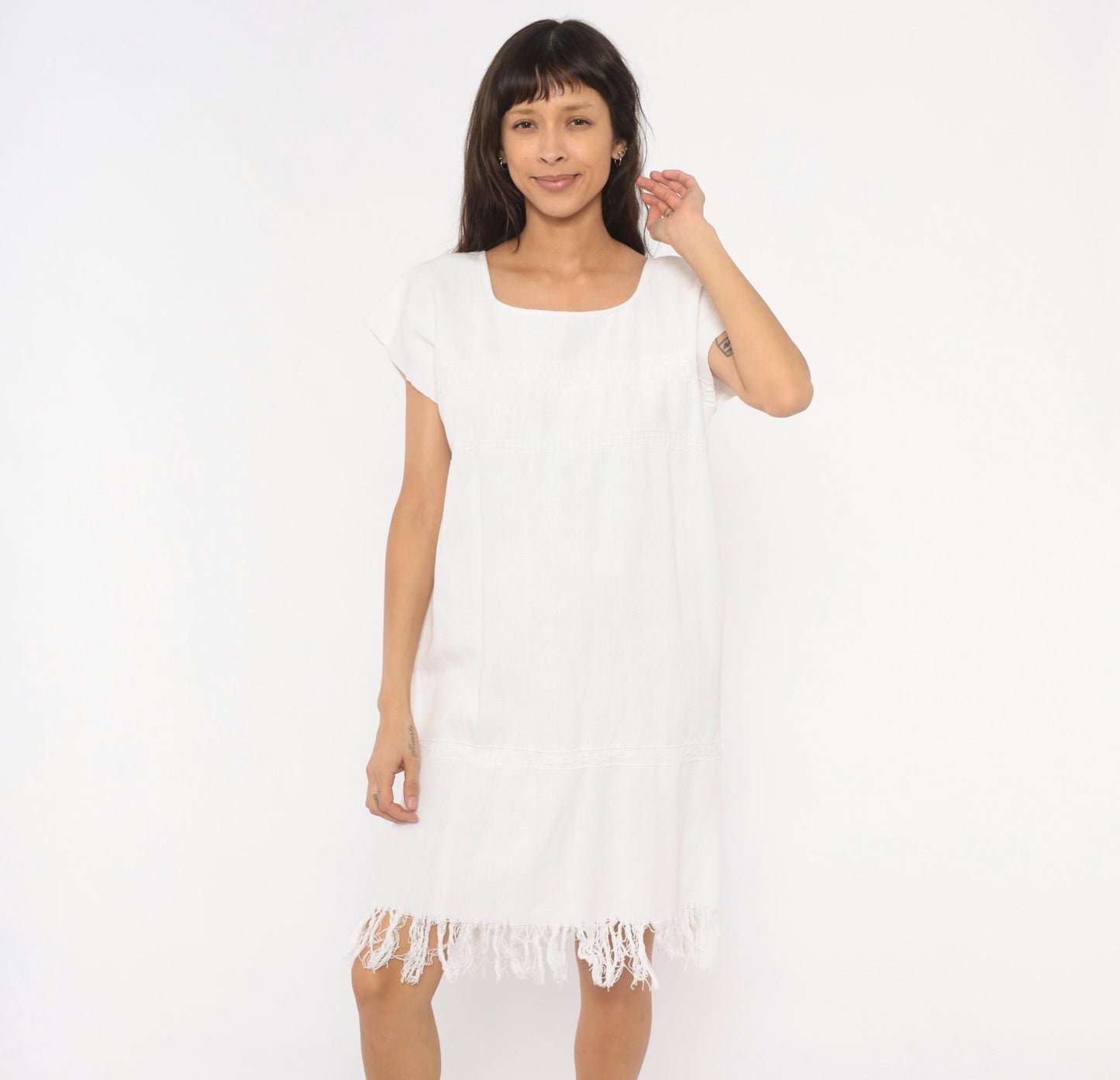 90s Buonarroti White Cotton Handwoven Shift Dress Fringe Hem Medium M