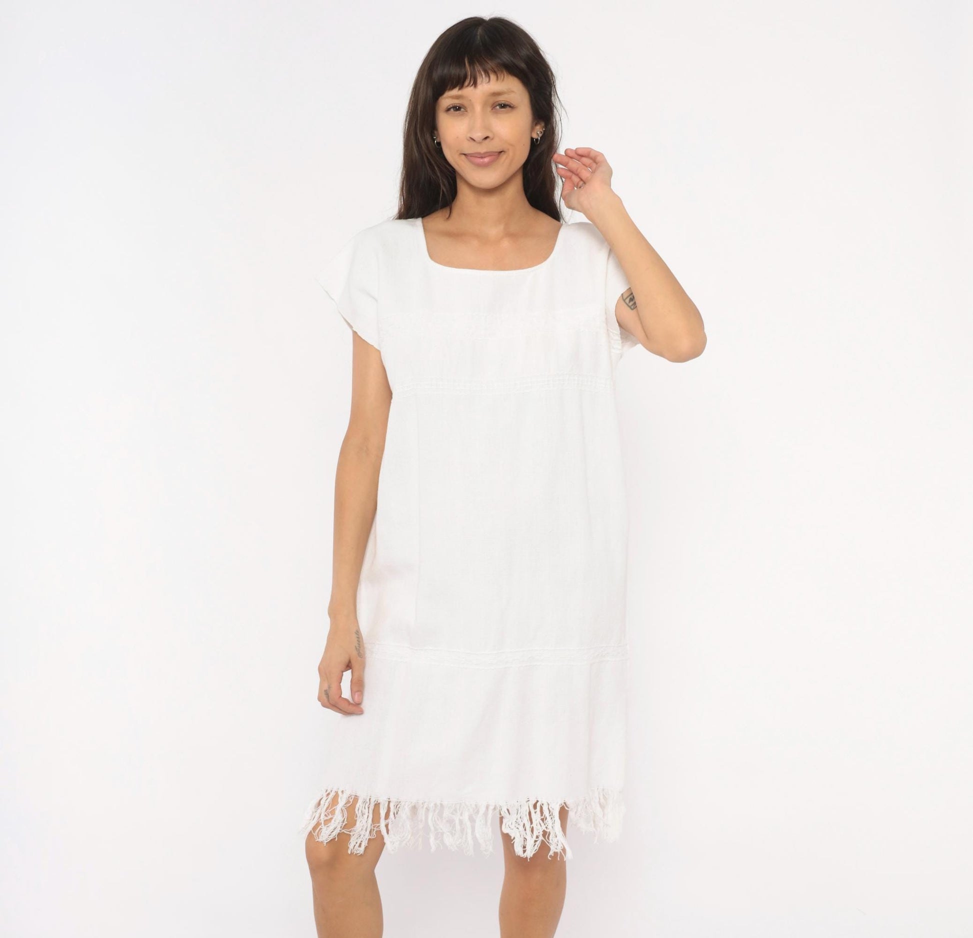 90s Buonarroti White Cotton Handwoven Shift Dress Fringe Hem Medium M