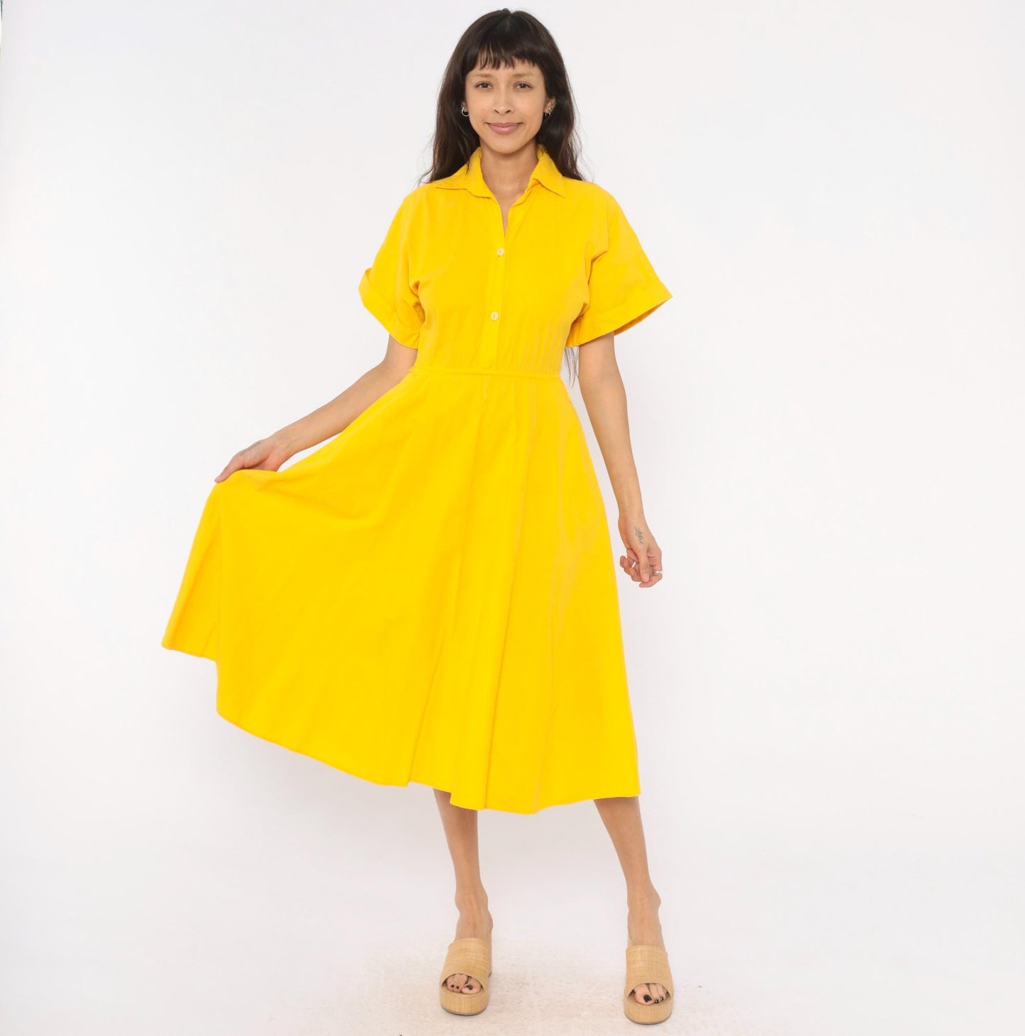 80s Laine Yellow Cotton Shirtdress Midi Collar Pockets Extra Small XS