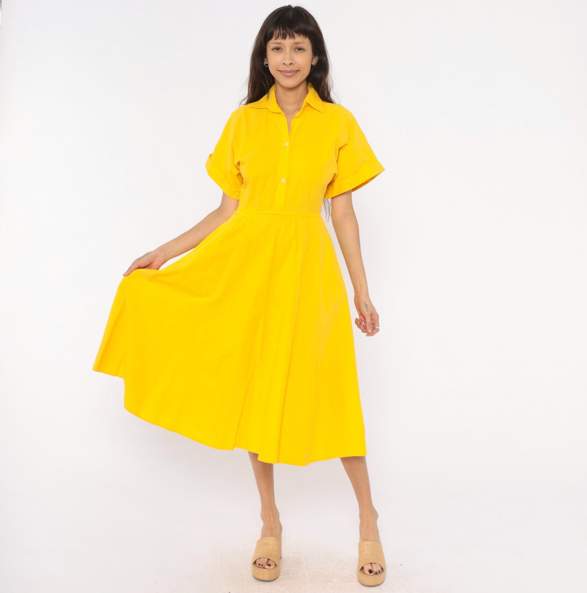 80s Laine Yellow Cotton Shirtdress Midi Collar Pockets Extra Small XS