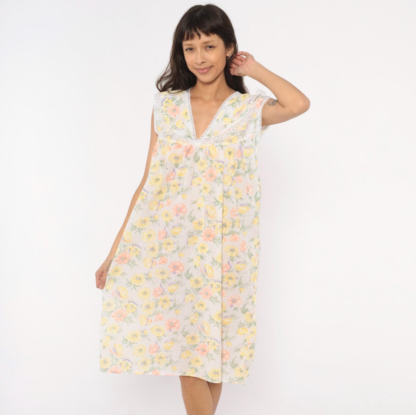 80s Floral Anemone Cotton Nightgown White Lace V-Neck Knee Length Medium M