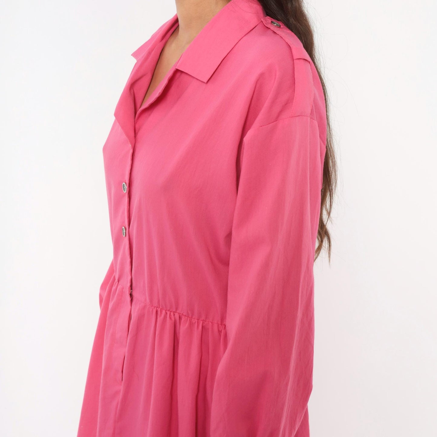 80s Hot Pink Shirtdress Midi Gathered Waist Balloon Sleeve Epaulette Large L