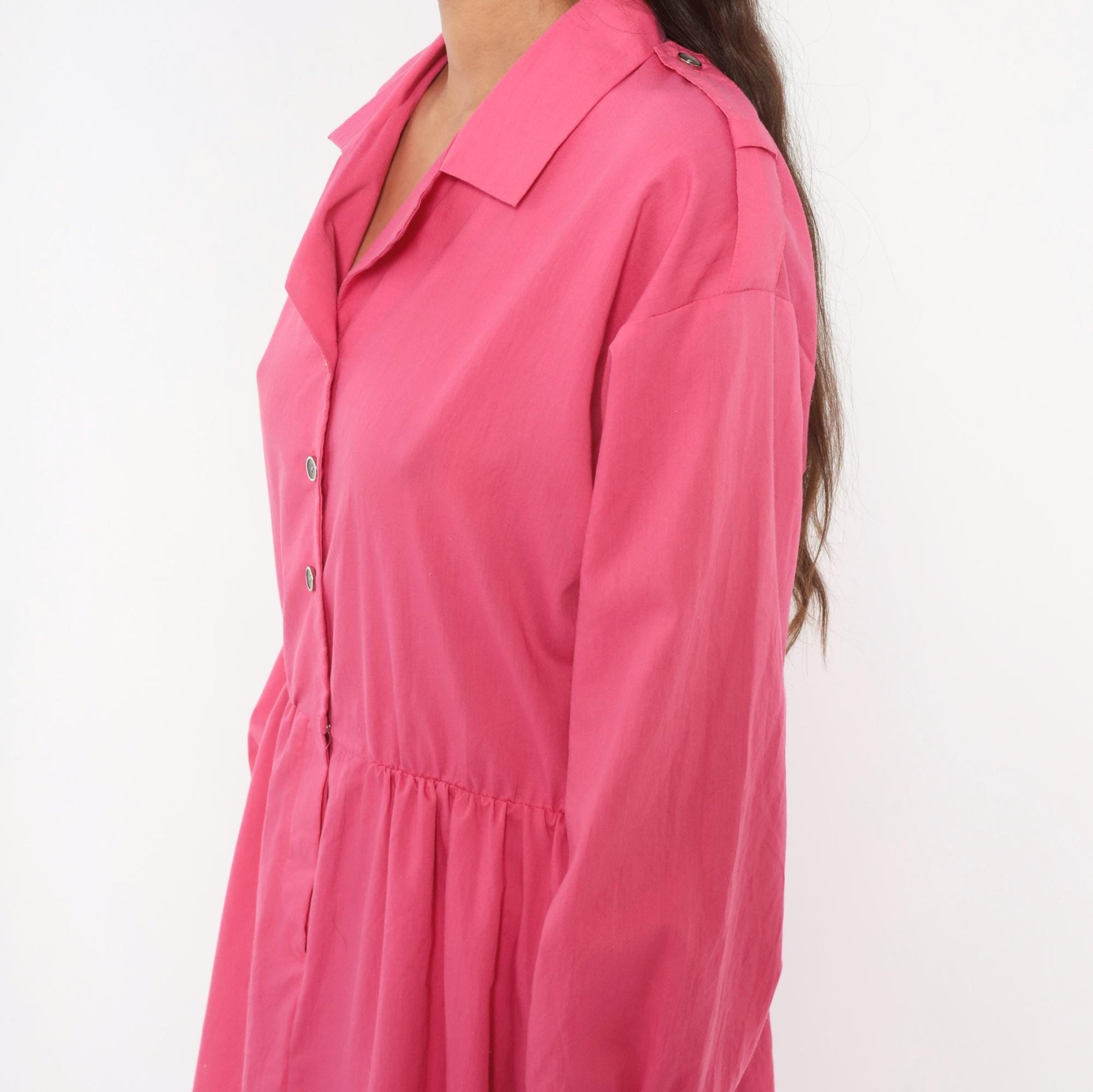 80s Hot Pink Shirtdress Midi Gathered Waist Balloon Sleeve Epaulette Large L