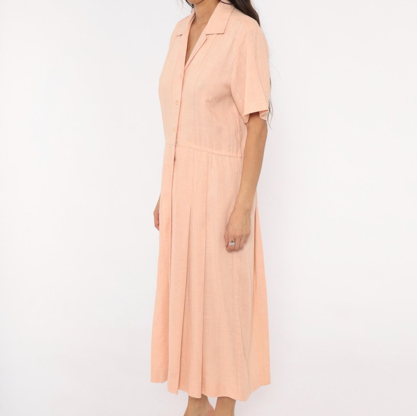 80s Peach Cotton Maxi Shirtdress Camp Collar Pleated Prairie Large L