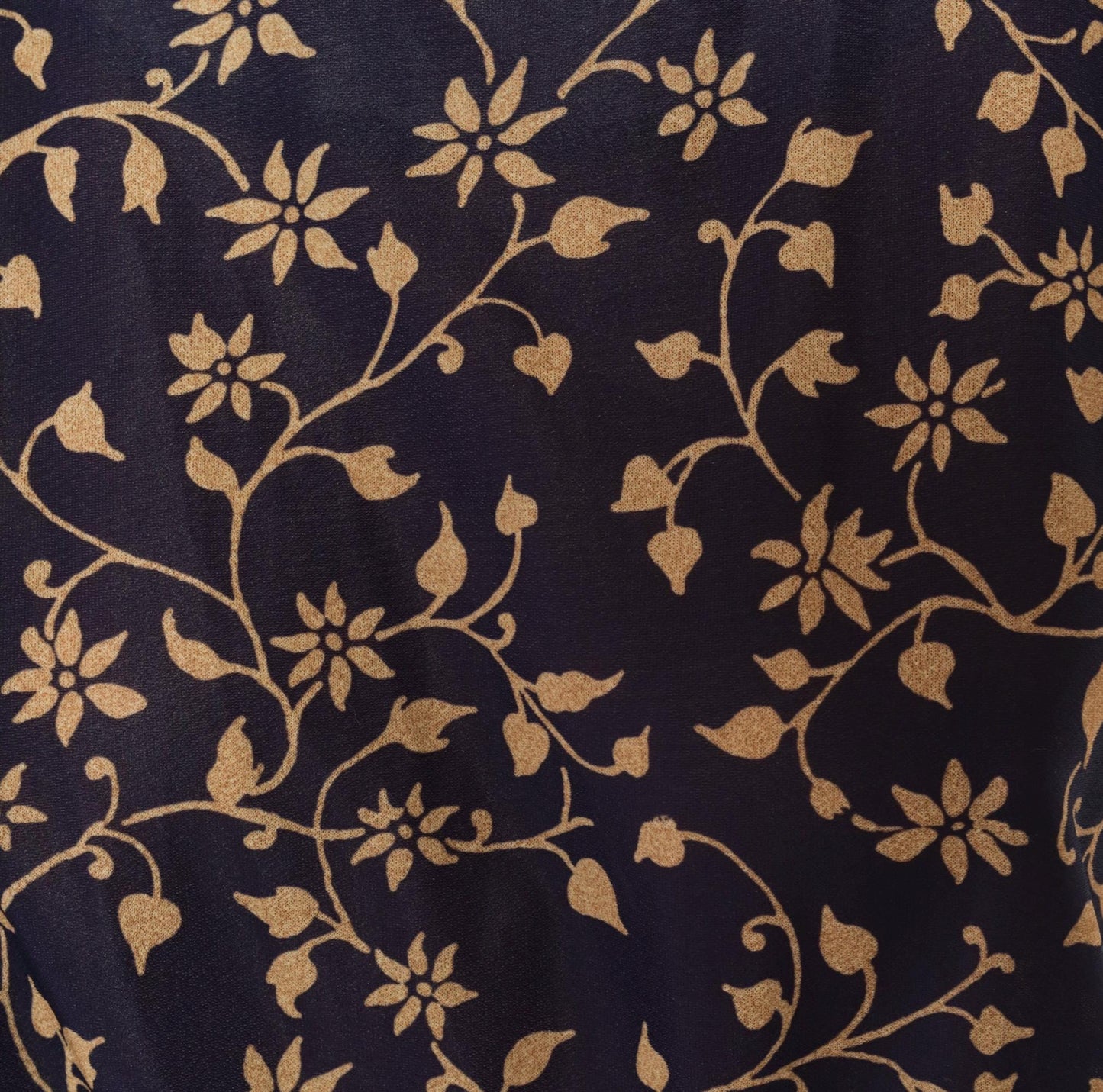 80s Navy Tan Floral Vine Midi Dress Gathered Waist Keyhole Back Extra Large
