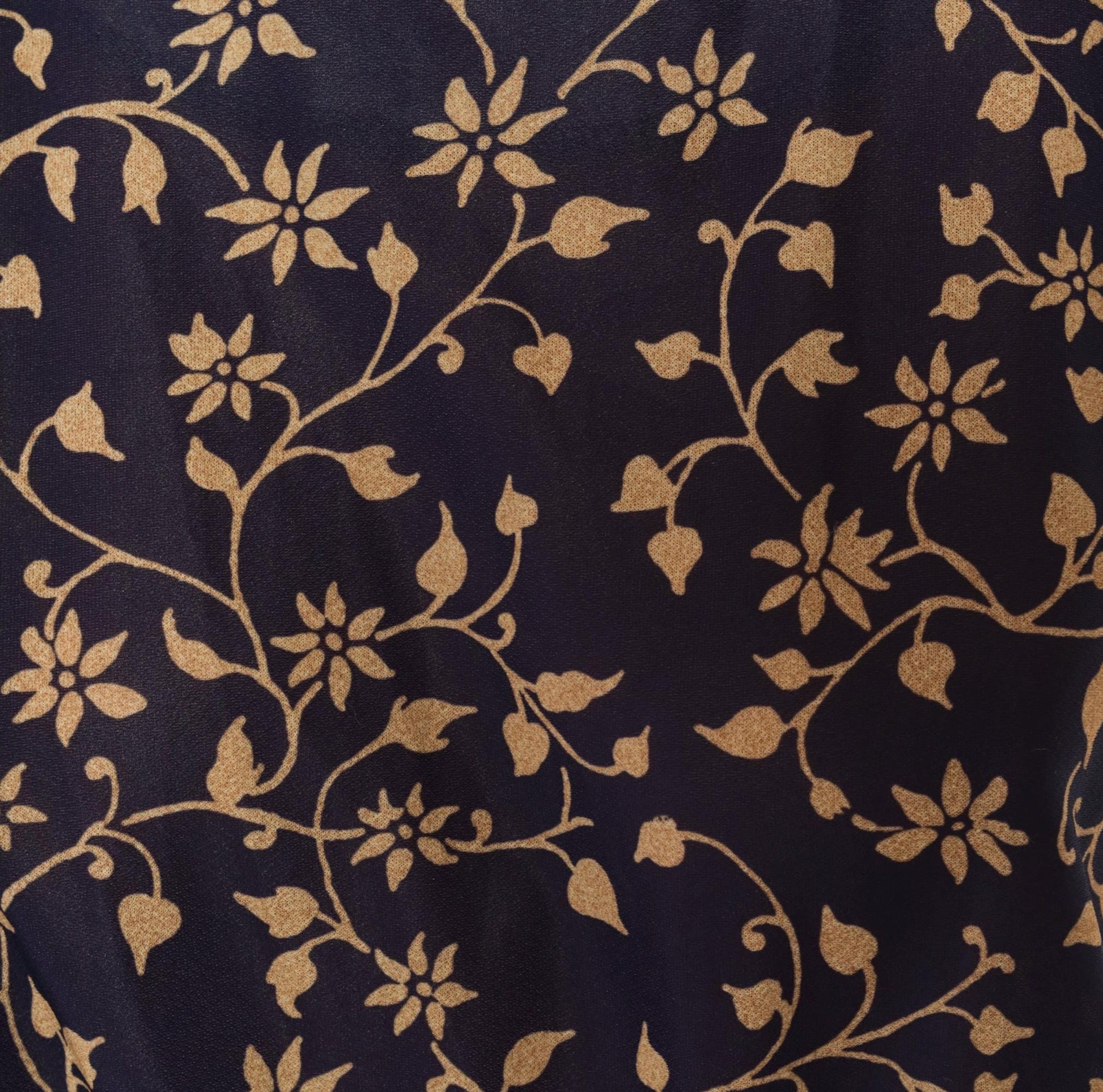 80s Navy Tan Floral Vine Midi Dress Gathered Waist Keyhole Back Extra Large